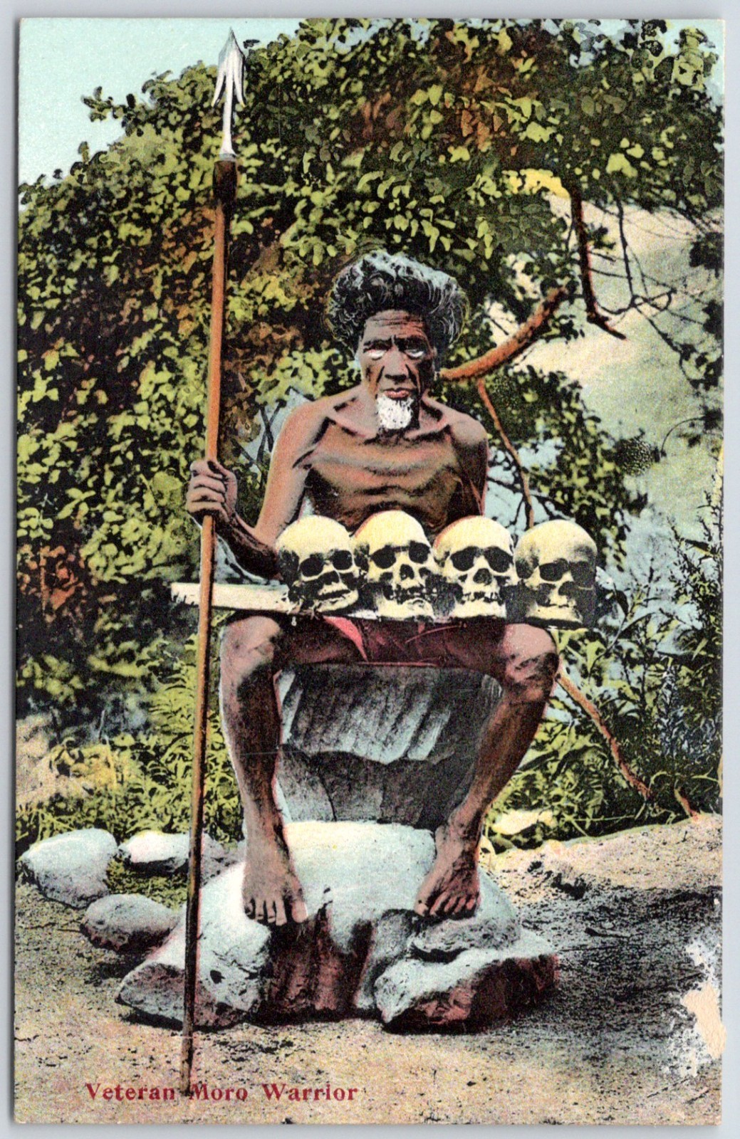 Postcard Veteran Moro Warrior With Skulls And Spear Philippines PI C151