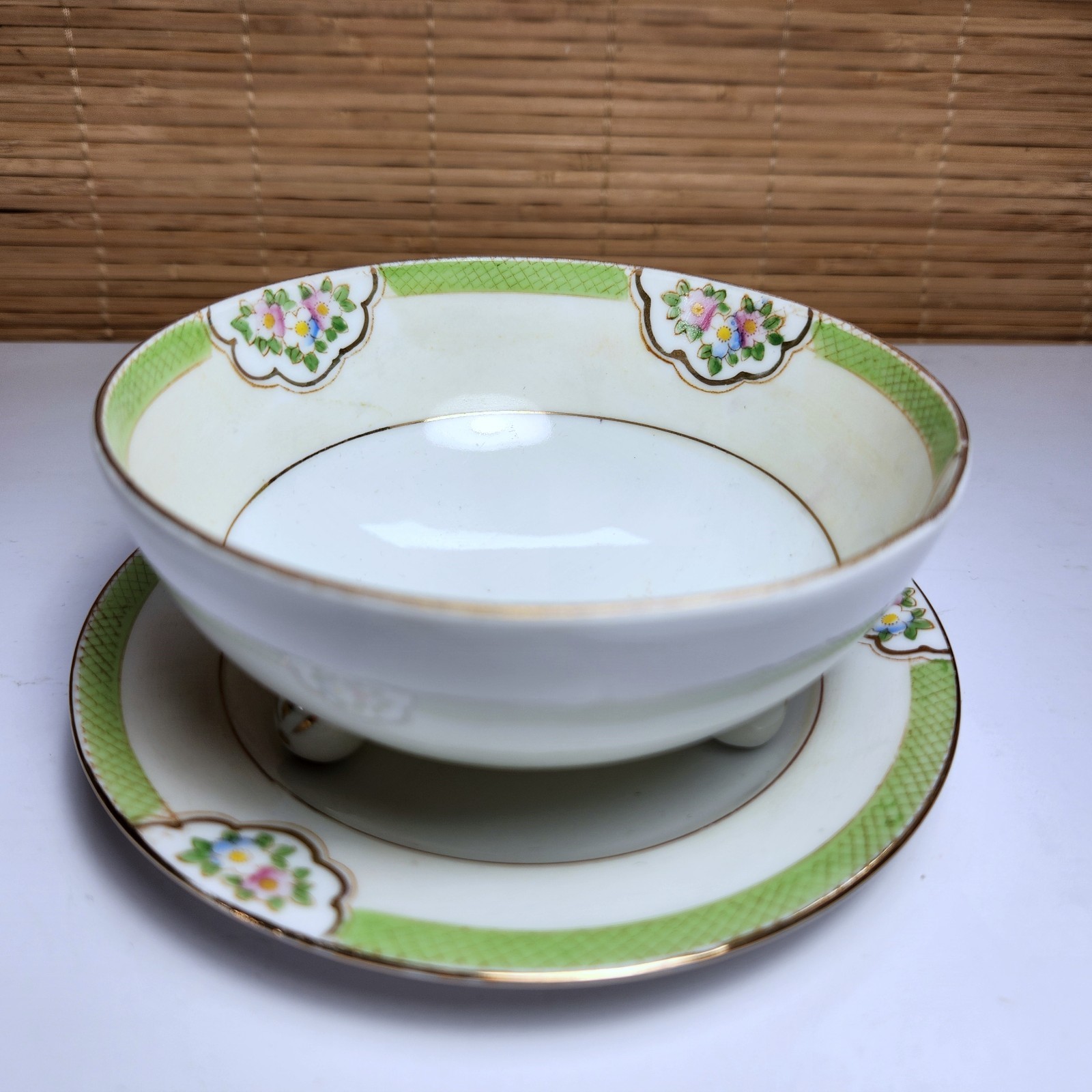 Antique Nippon Hand Painted Rising Sun Mark Footed Bowl & Saucer Set 1911-21
