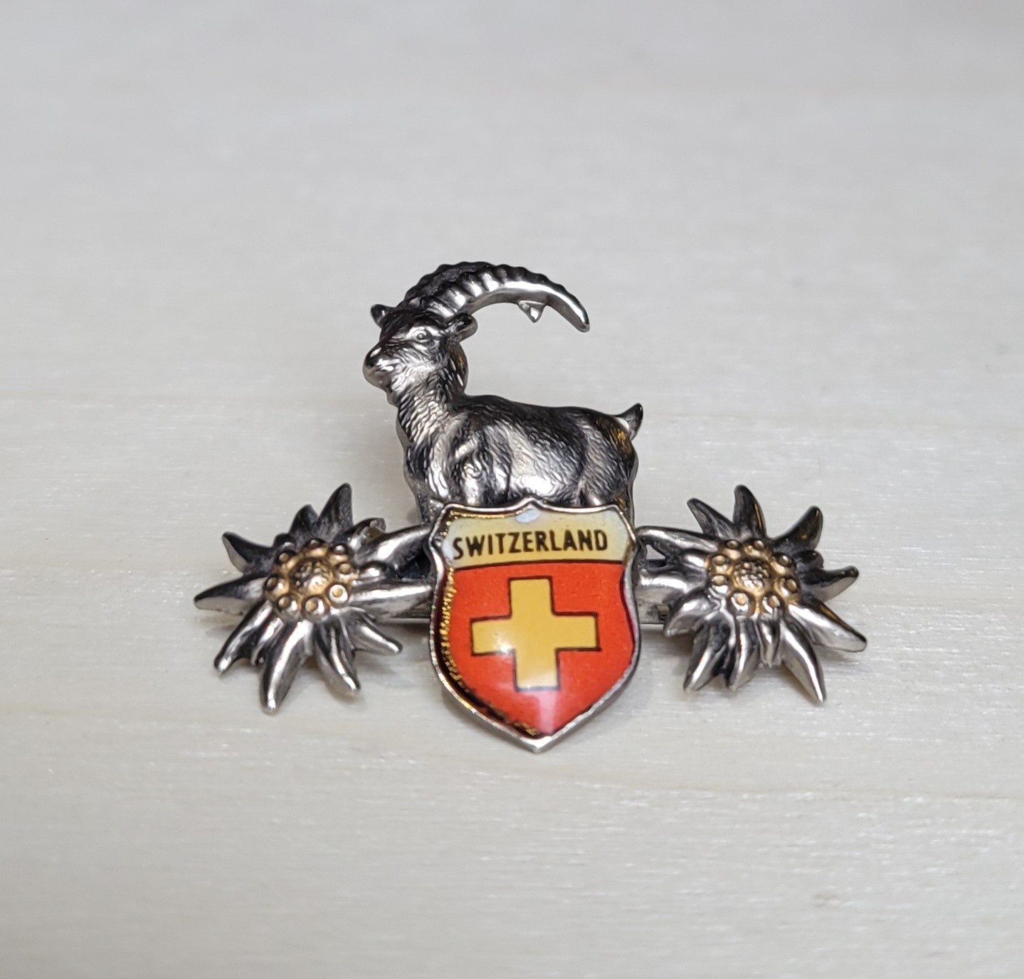 Switzerland Swiss Emblem And Mountain Goat Silver Tone Souvenir Pin Vintage