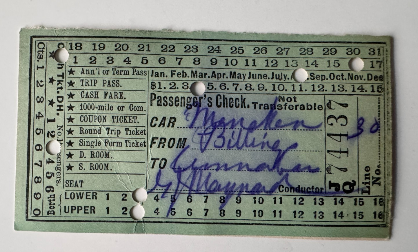 Vintage 1890s Pullman Palace Car Company Passenger's Check Ticket Railroad Train
