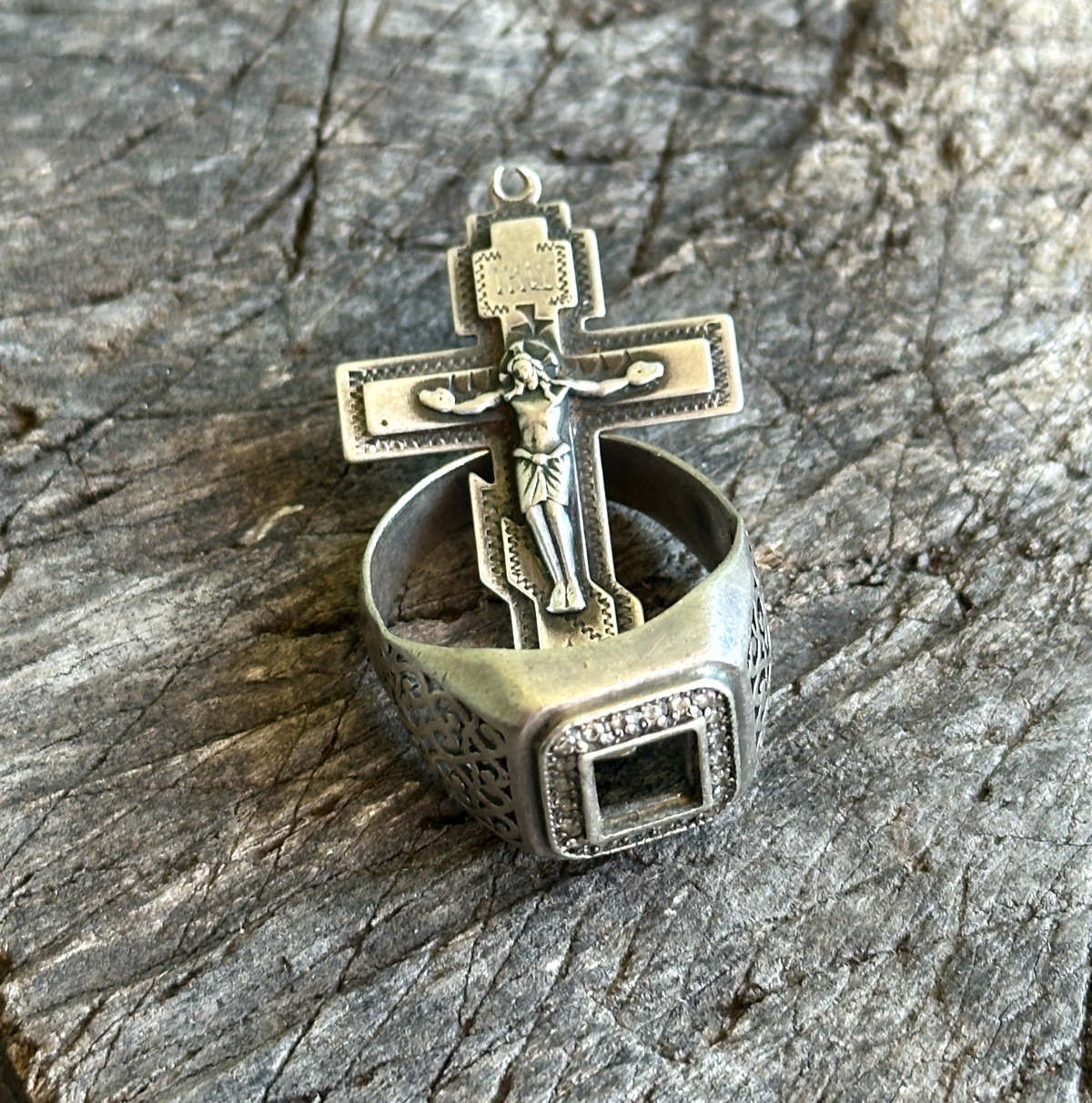 pectoral cross a crucifix and a ring 925 silver military talisman of a soldier