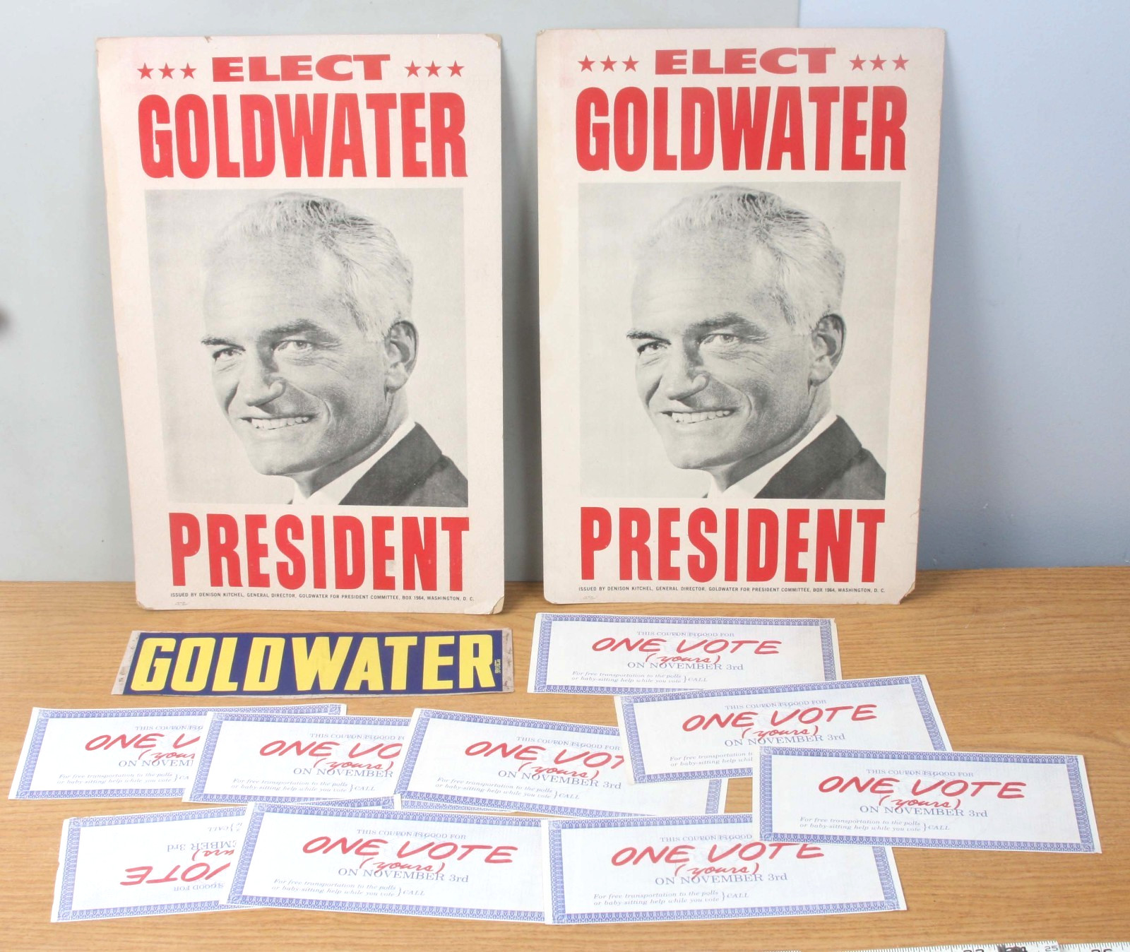 Vtg 1964 Barry Goldwater Campaign Lot 2 Posters Shreveport LA Coupons, sticker