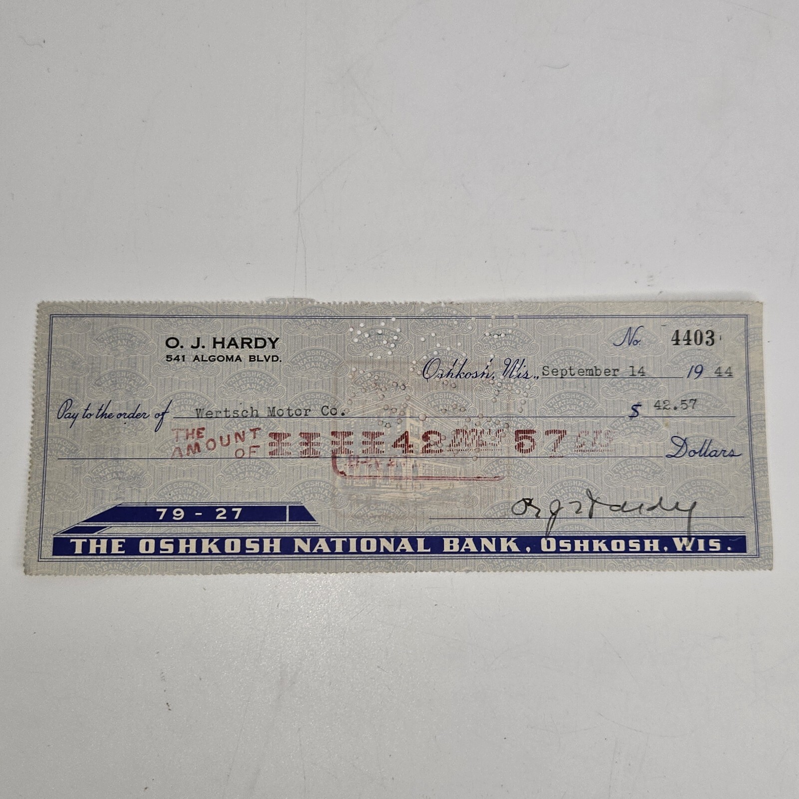 Wertsch Motor Company Oshkosh WI Canceled Check 1944 Oshkosh National Bank 