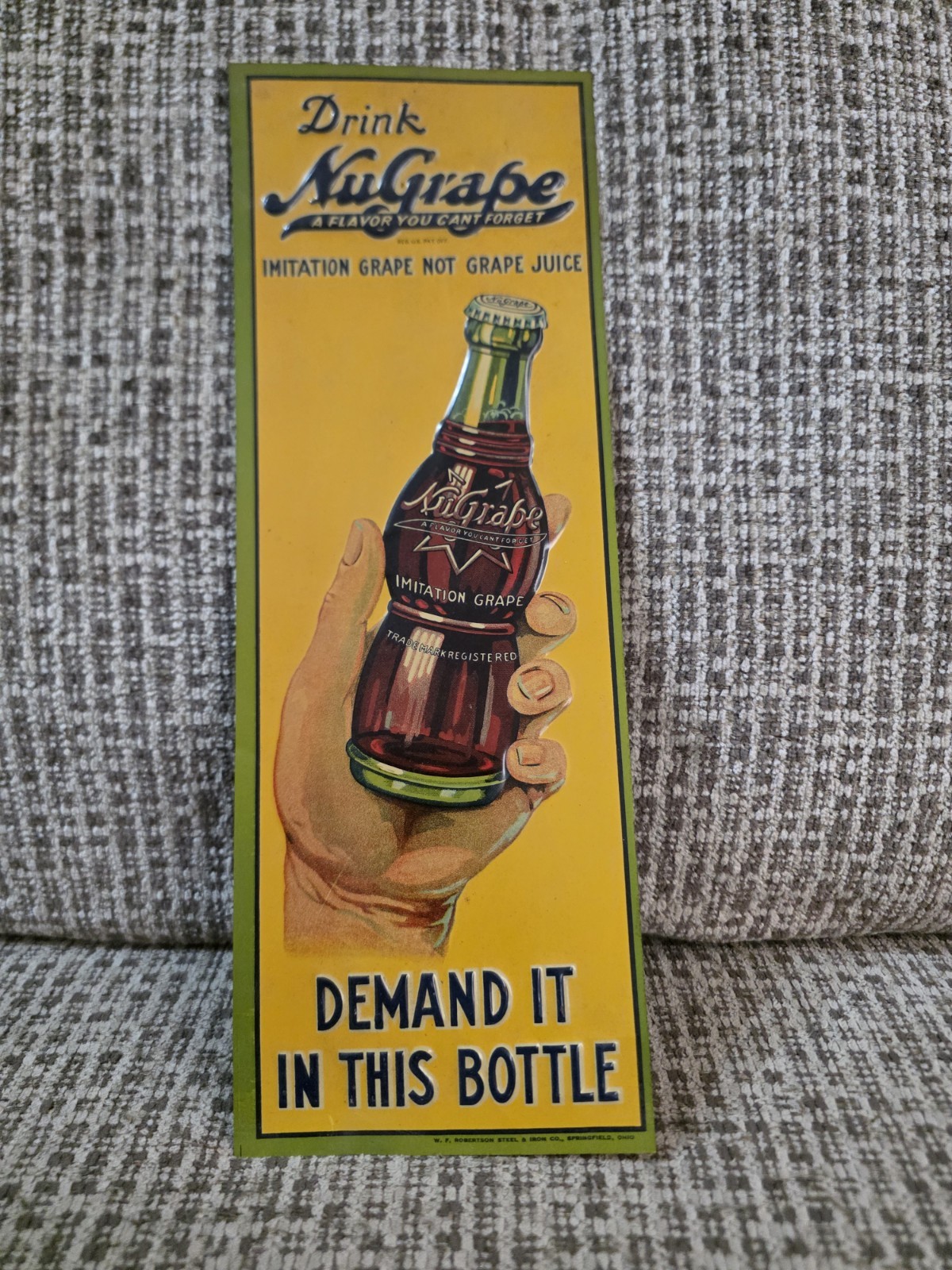 Vintage 1930\'s Drink NuGrape Tin Sign 5x14 Demand It In This Bottle Beautiful