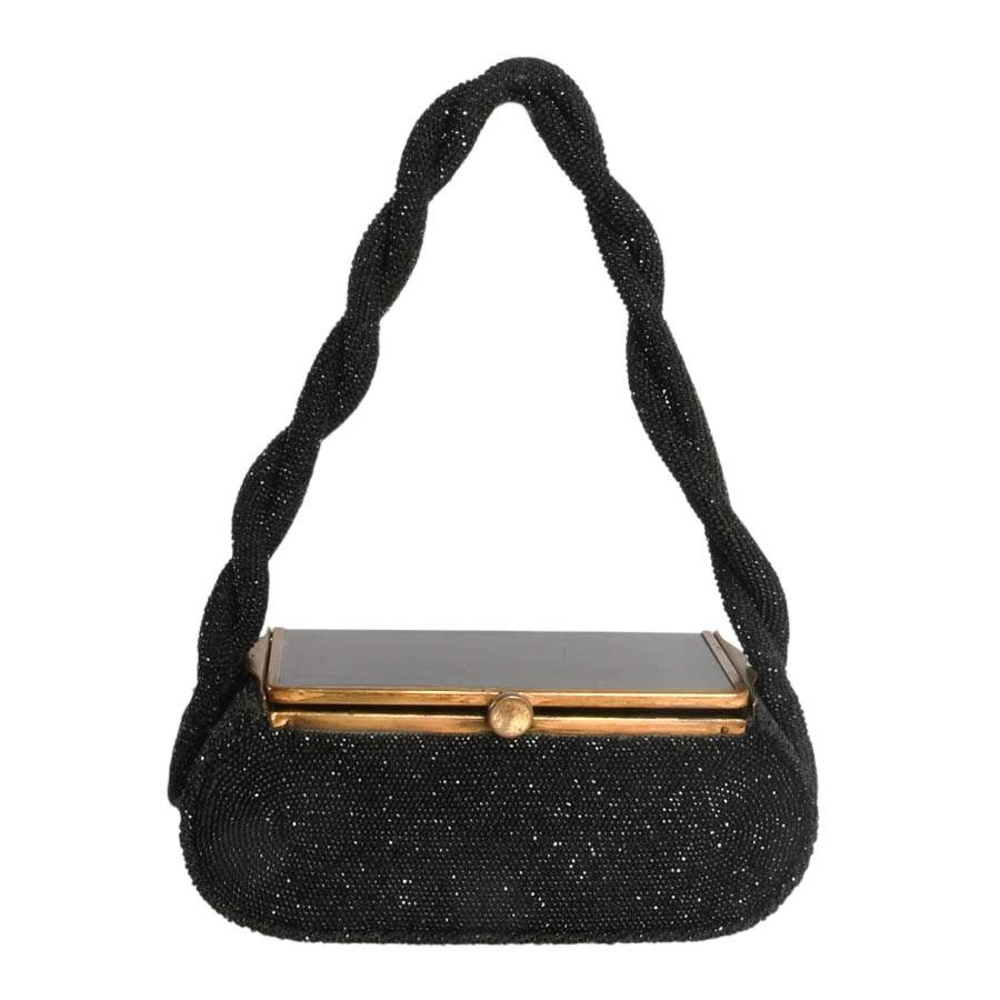 Vintage Black Beaded Box Purse with Mirrored Lid Vintage Black Beaded Box Purse with Mirrored Lid