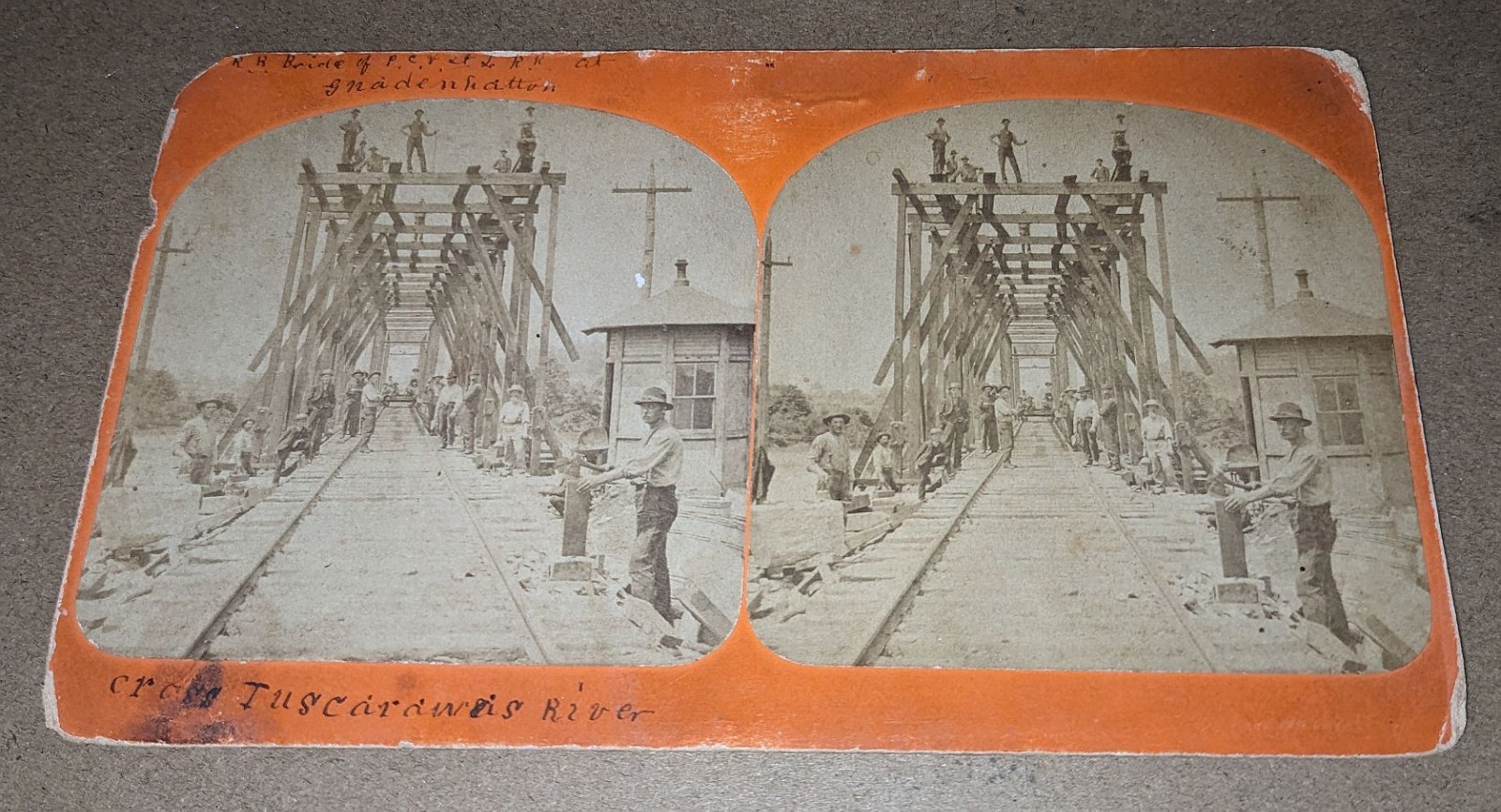Shepler Ohio Stereoview Railroad Bridge Construction Gnadenhutten OH PC&STL RR Shepler Ohio Stereoview Railroad Bridge Construction Gnadenhutten OH PC&STL RR