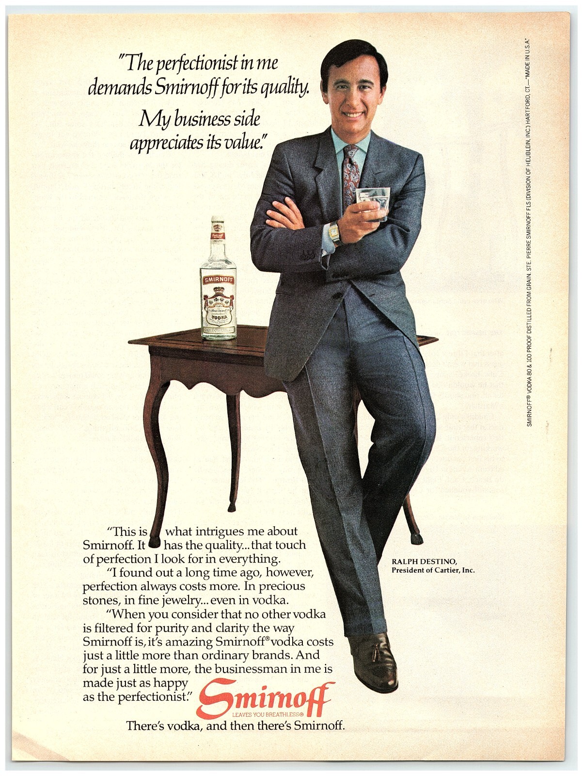 1982 Smirnoff Vodka Print Ad, Ralph Destino President of Cartier Perfectionist