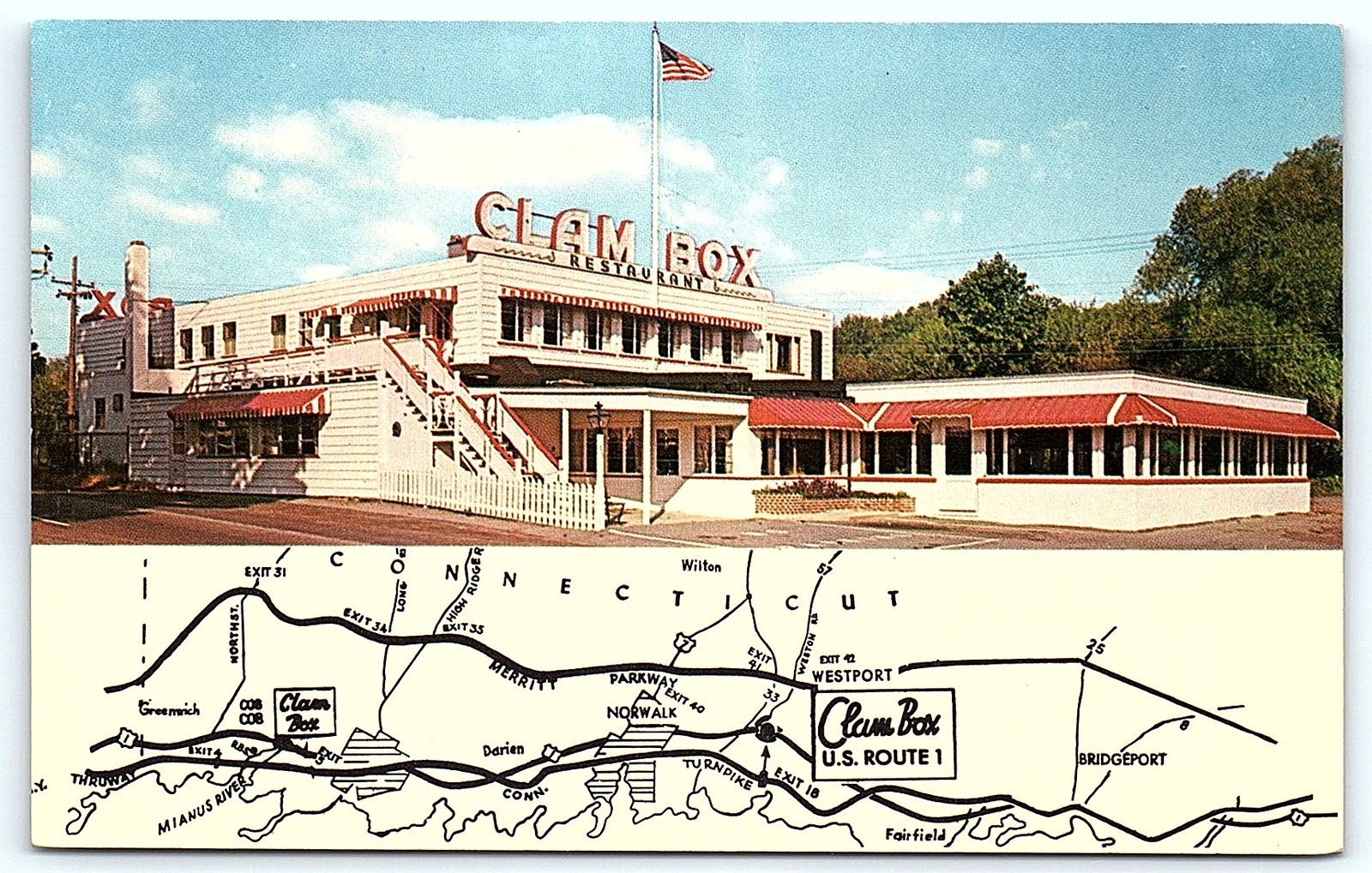 Clam Box Restaurant Westport CT Vintage Postcard