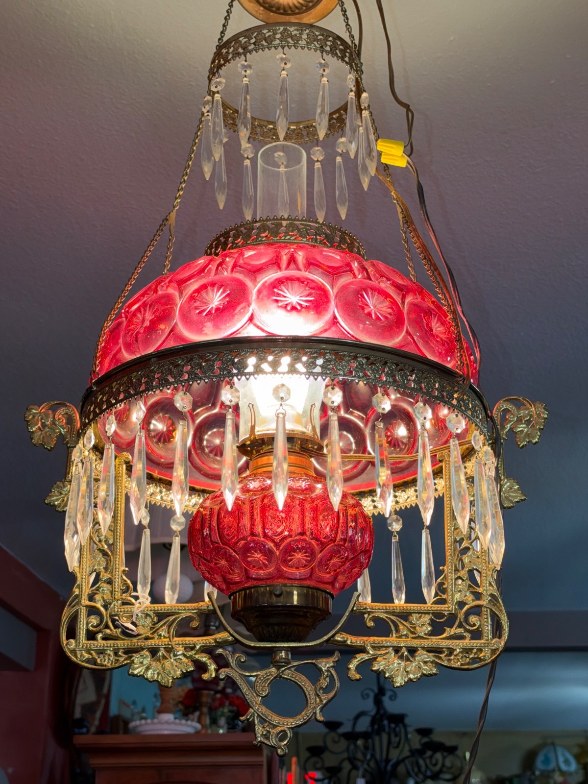 Rare Fenton Moon & Stars Red Cranberry Glass Ceiling Hurricane Lamp Prisms Brass