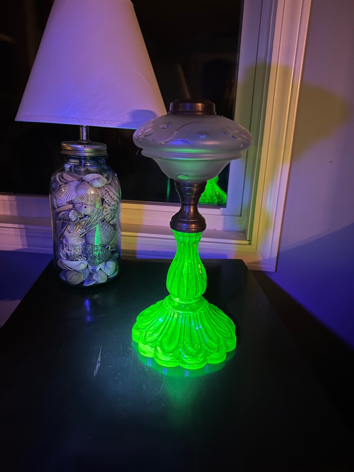 Antique Green Uranium & Etched Frosted Glass Oil Lamp Base w/ Brass Detail