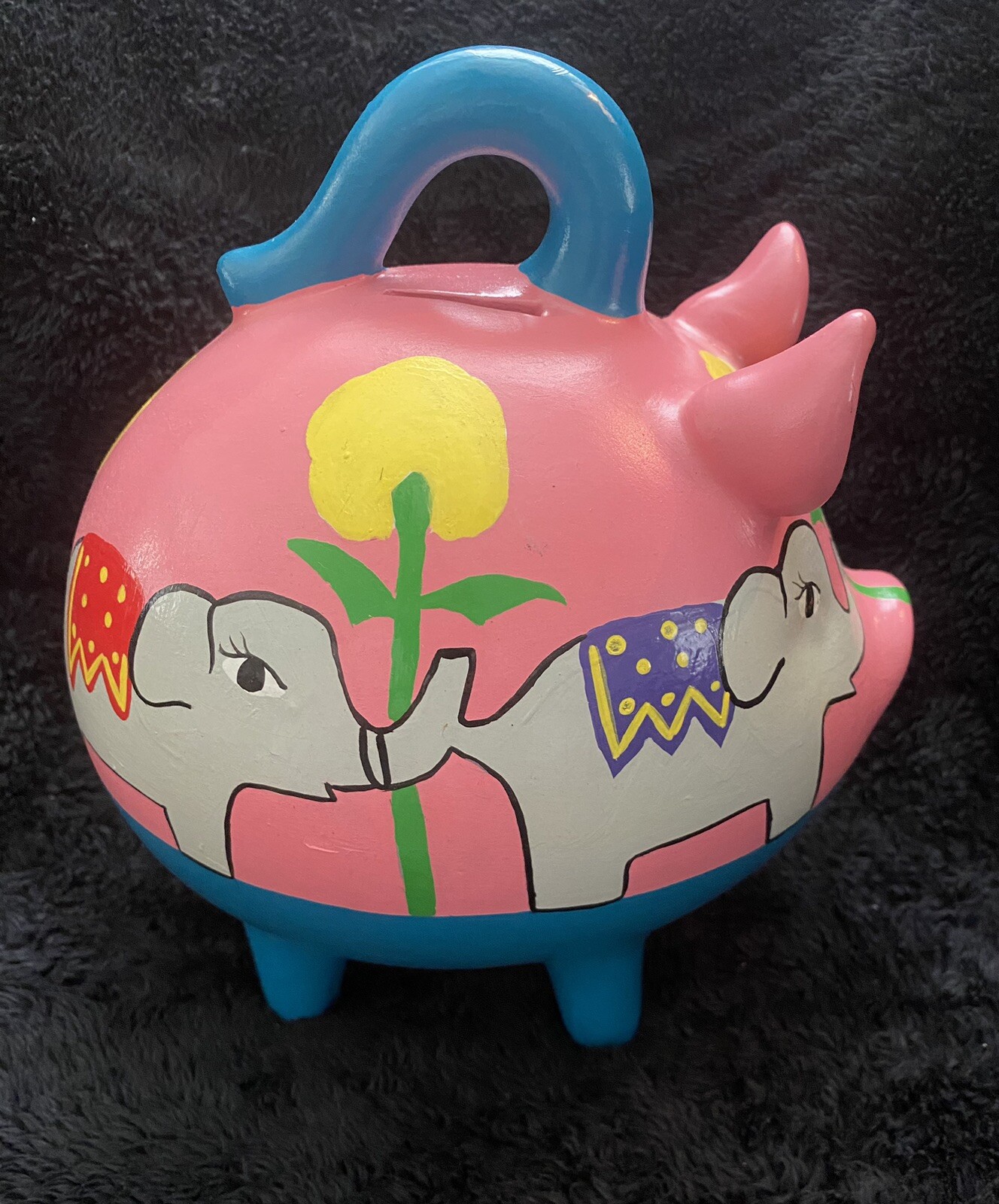 Handpainted In Mexico. Vintage Mayabella Pottery Piggy Bank. Pink With Elephants