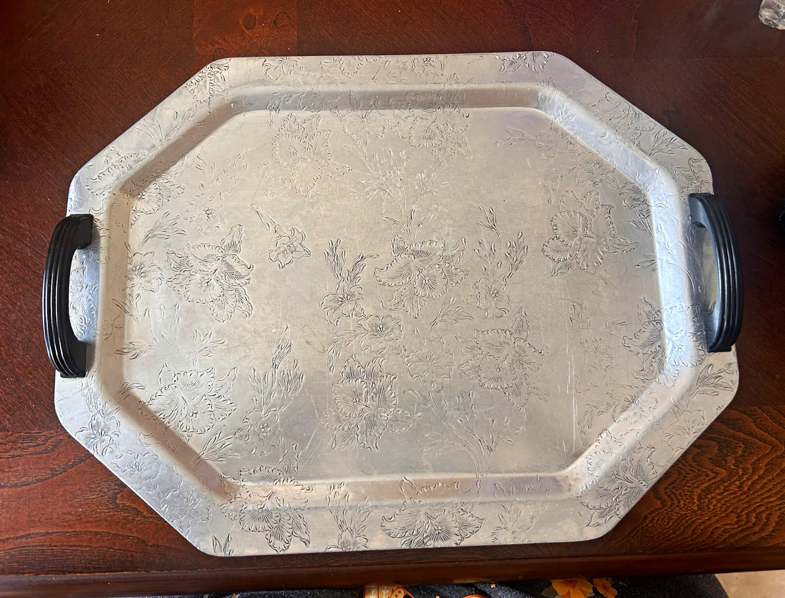 vintage 1950s octagonal aluminum serving tray featuring embossed floral pattern
