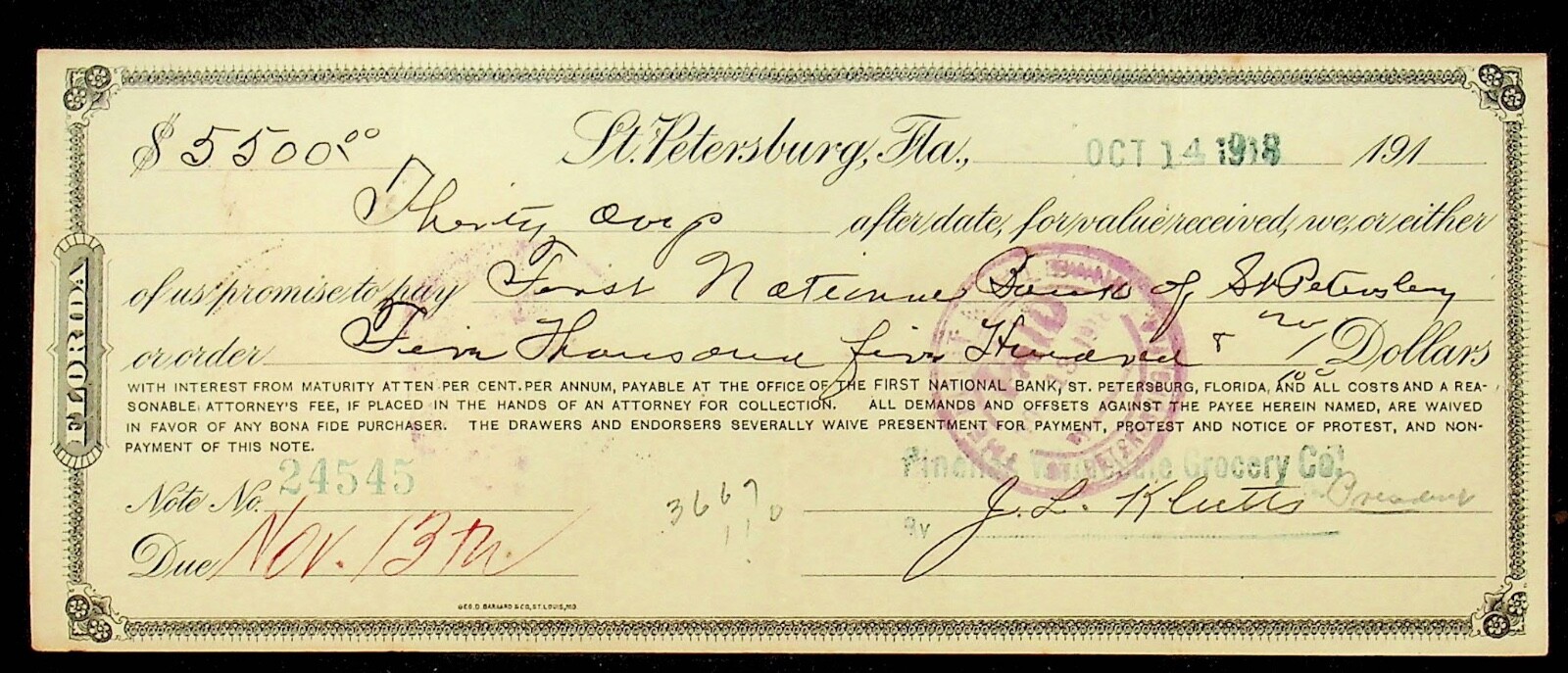 OCT 14 1918 $5500 PROMISSORY NOTE FROM FIRST NATIONAL BANK OF ST PETERSBURG-A-15 OCT 14 1918 $5500 PROMISSORY NOTE FROM FIRST NATIONAL BANK OF ST PETERSBURG-A-15