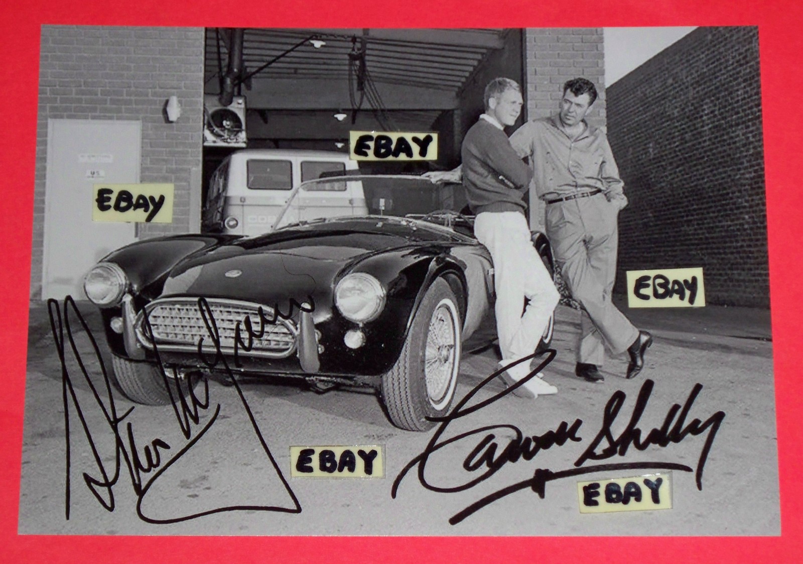 5X7 Vintage Photo Carroll Shelby & Steve McQueen With AC Cobra With Autographs 5X7 Vintage Photo Carroll Shelby & Steve McQueen With AC Cobra With Autographs