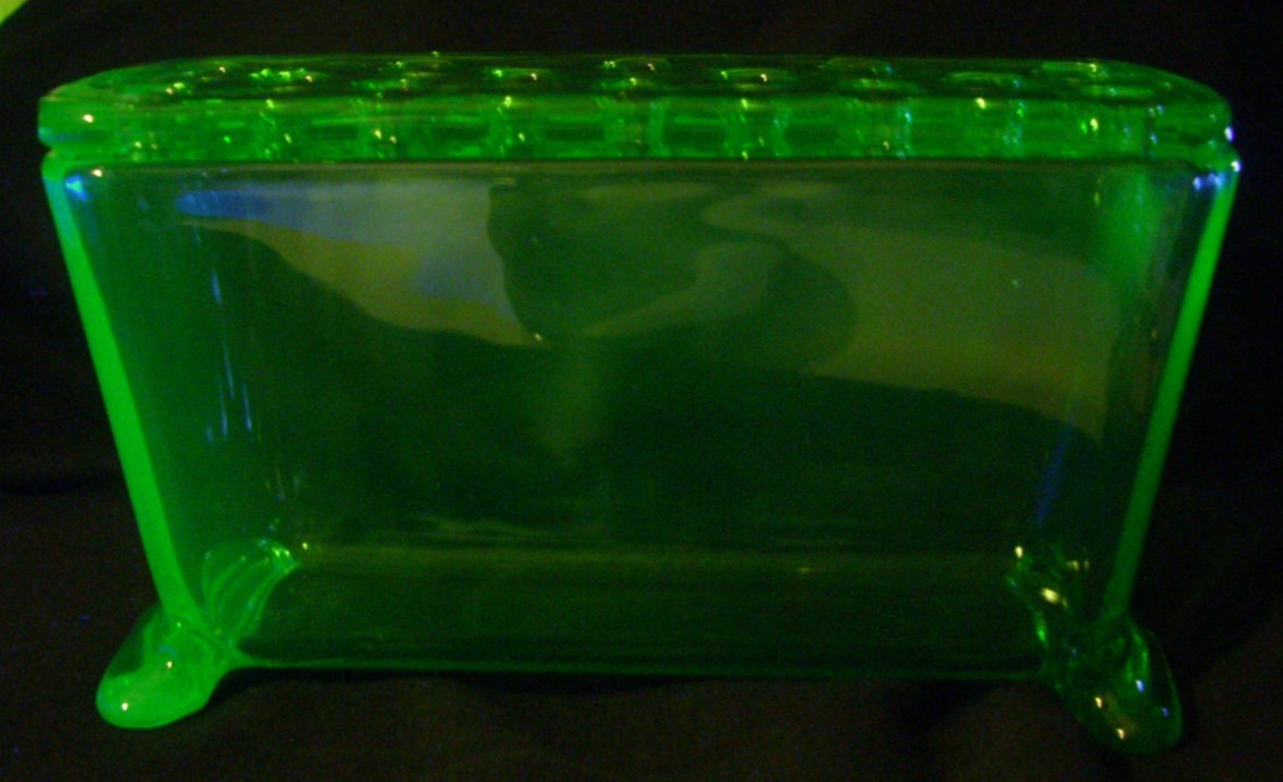 VTG Fostoria 1920s Uranium Green Depression Glass Flower Frog Footed Box Vase VTG Fostoria 1920s Uranium Green Depression Glass Flower Frog Footed Box Vase