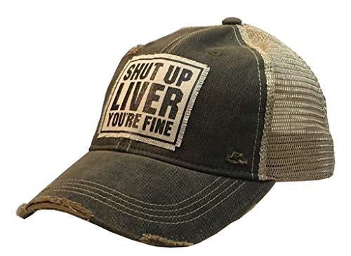 Vintage Life Distressed Trucker Hat, “Shut Up Liver” Black Cap Vintage Life Distressed Trucker Hat, “Shut Up Liver” Black Cap