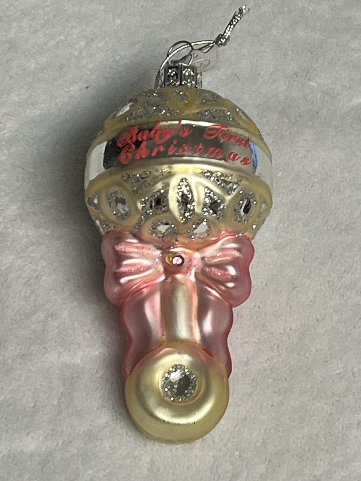 KSA Baby\'s 1st Christmas Ornament Glass Baby Rattle, Shower Newborn NWT Retired