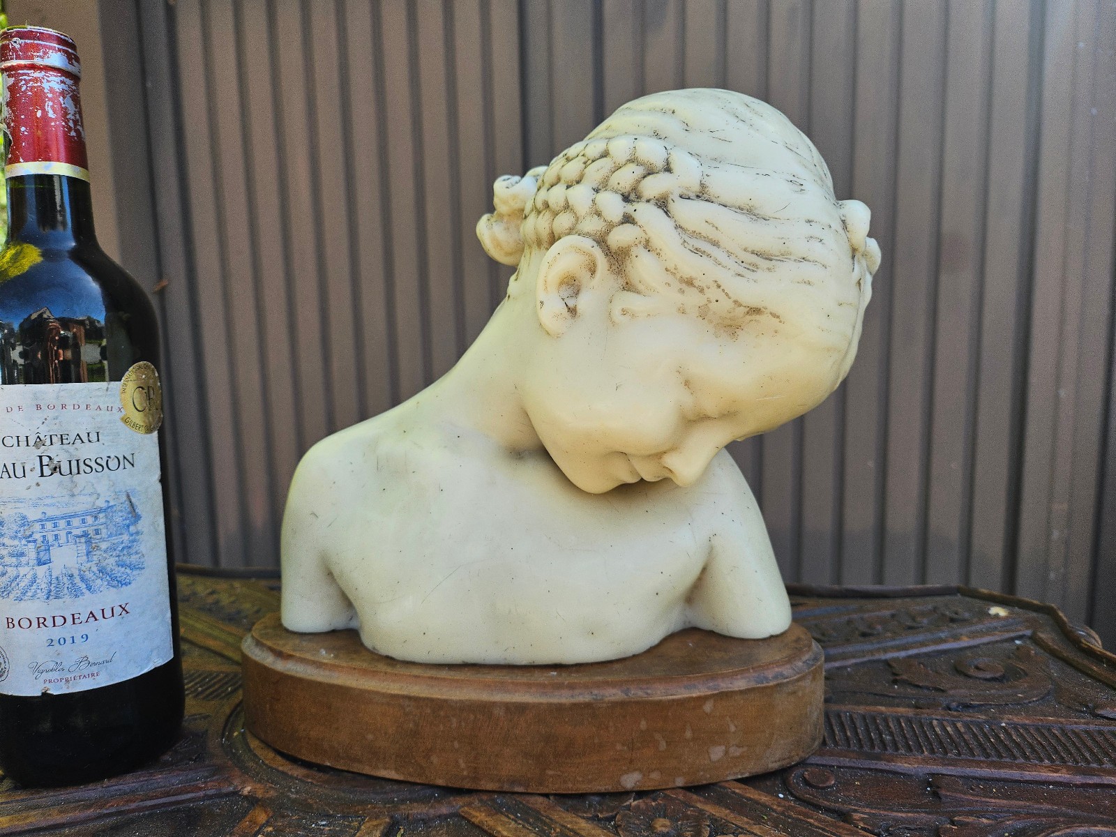 Antique 19thc rare Wax Bust girl Bust sculpture on wood base art deco 1930