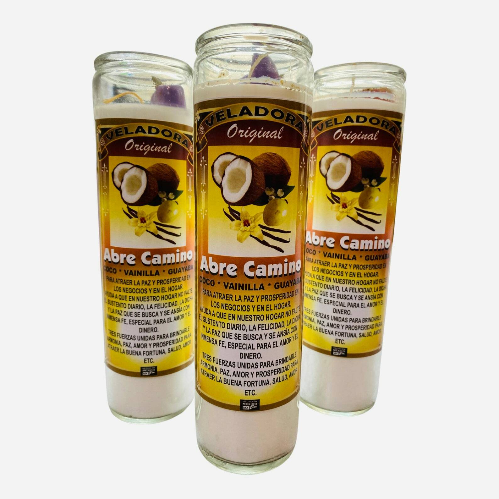 2X Set Abre Camino Coco, Vainilla y Guayaba Veladora, Open Road Dressed Candle