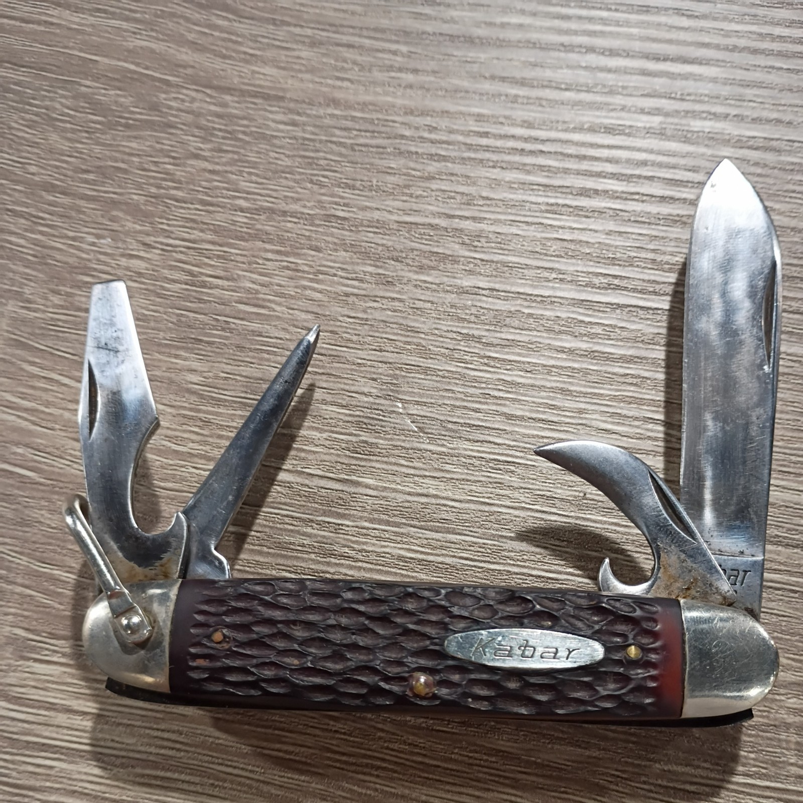 Vintage KaBar 1152 USA 4 Blade Camp Pocket Knife Jigged Delrin Handles (86)