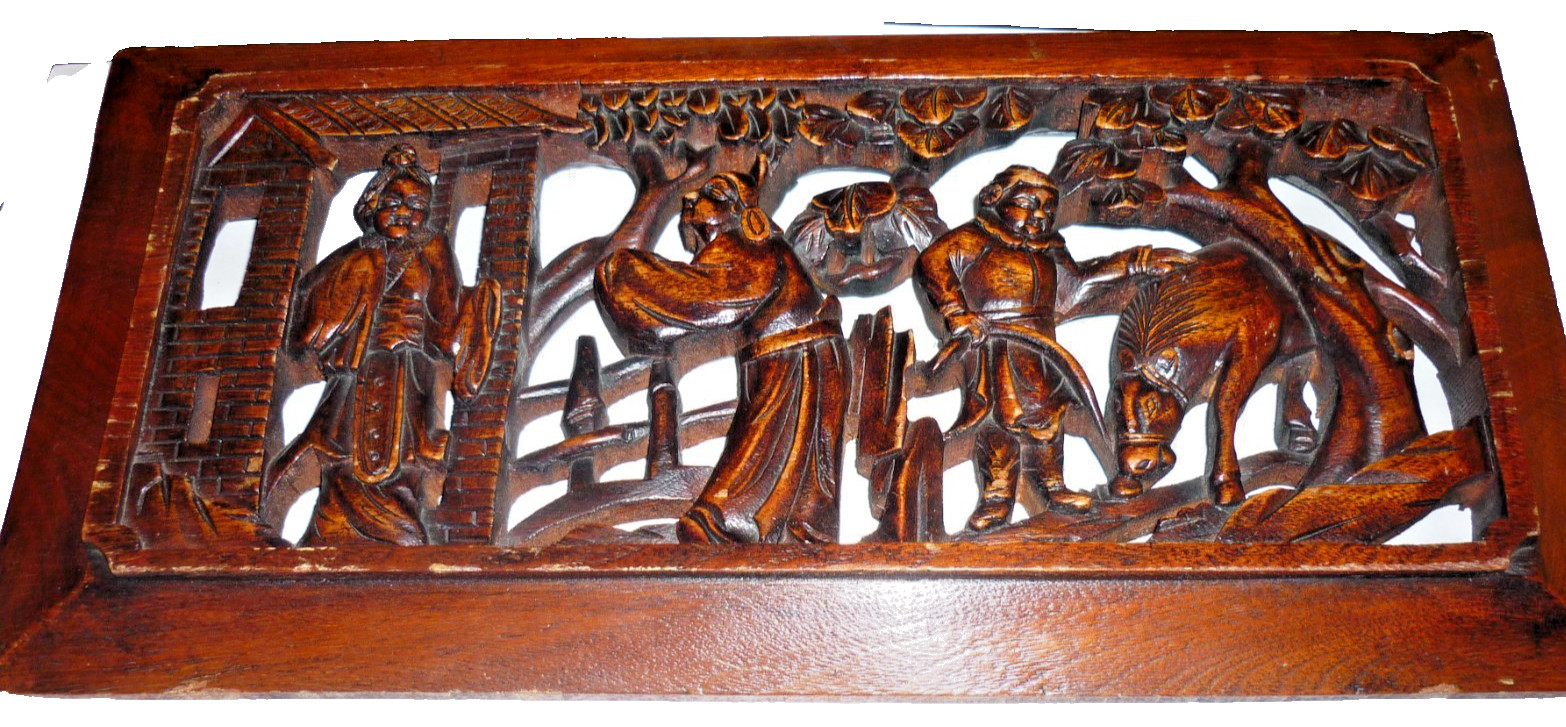 Vintage Hand Carved Wood Asian Village Scene Wall Plaque Pierced Relief Panel