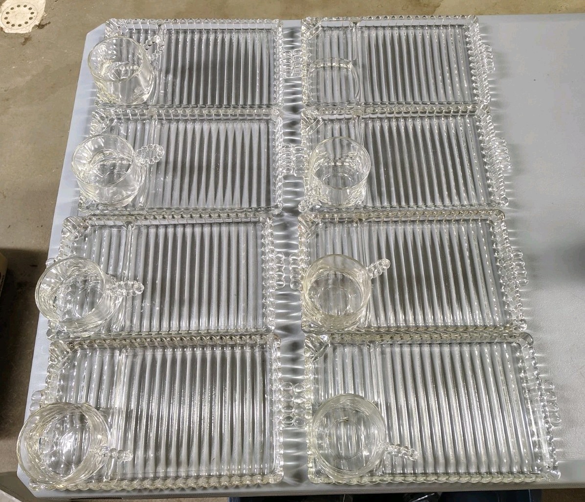 VTG Hazel Atlas ORCHARD CRYSTAL - Set of 7 Glass Snack Sip & Smoke TRAYS w/ CUPS