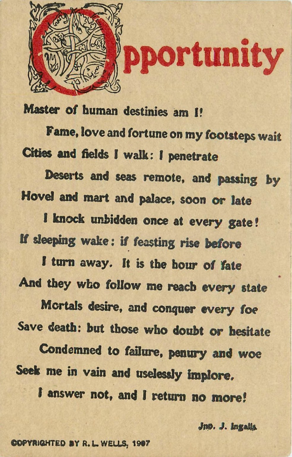 Antique 1907 OPPORTUNITY Poem Postcard Jno. J. Ingalls R. L. Wells Vintage
