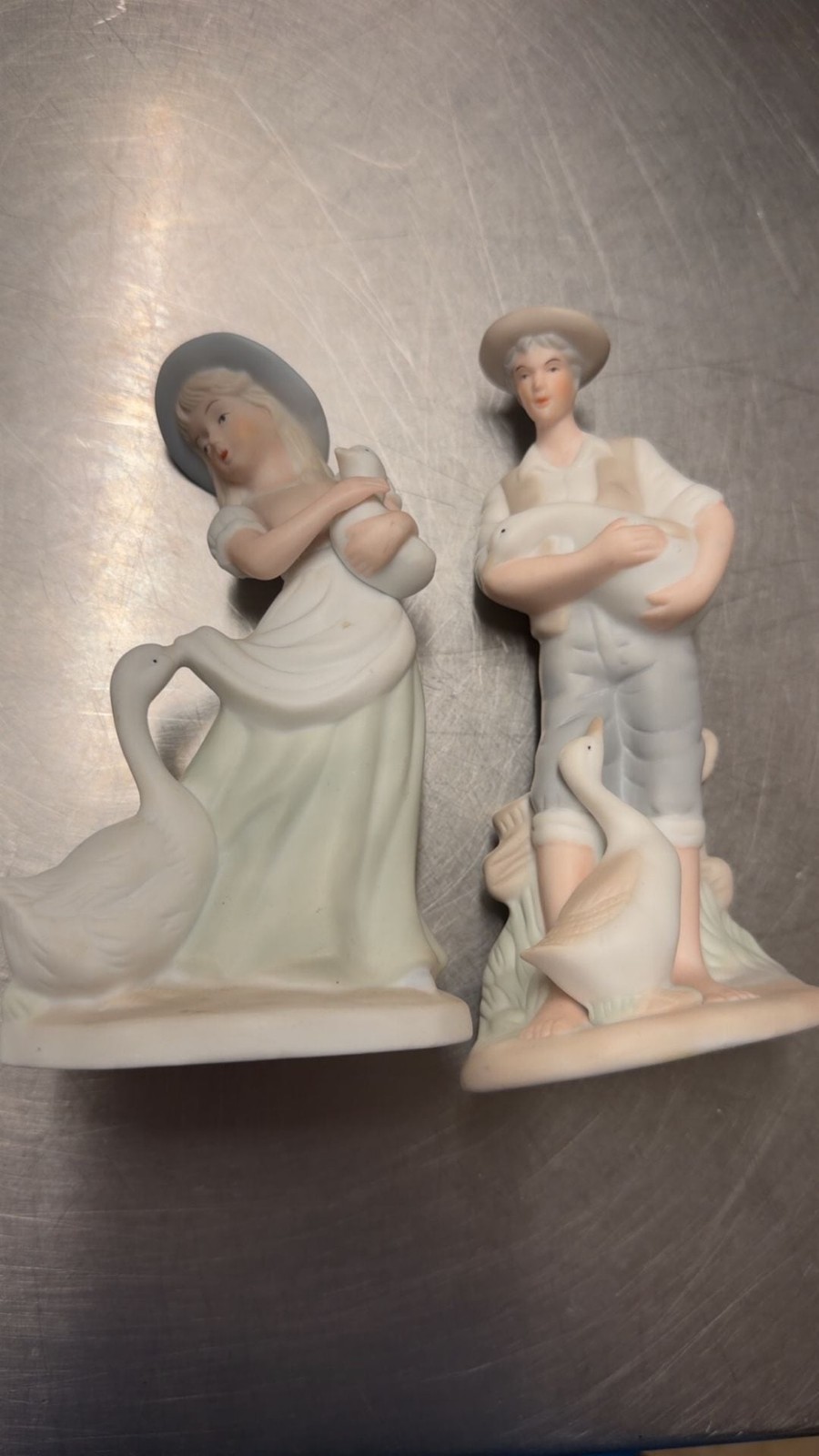 Vintage Porcelain Boy And Girl With Geese Figurines Set