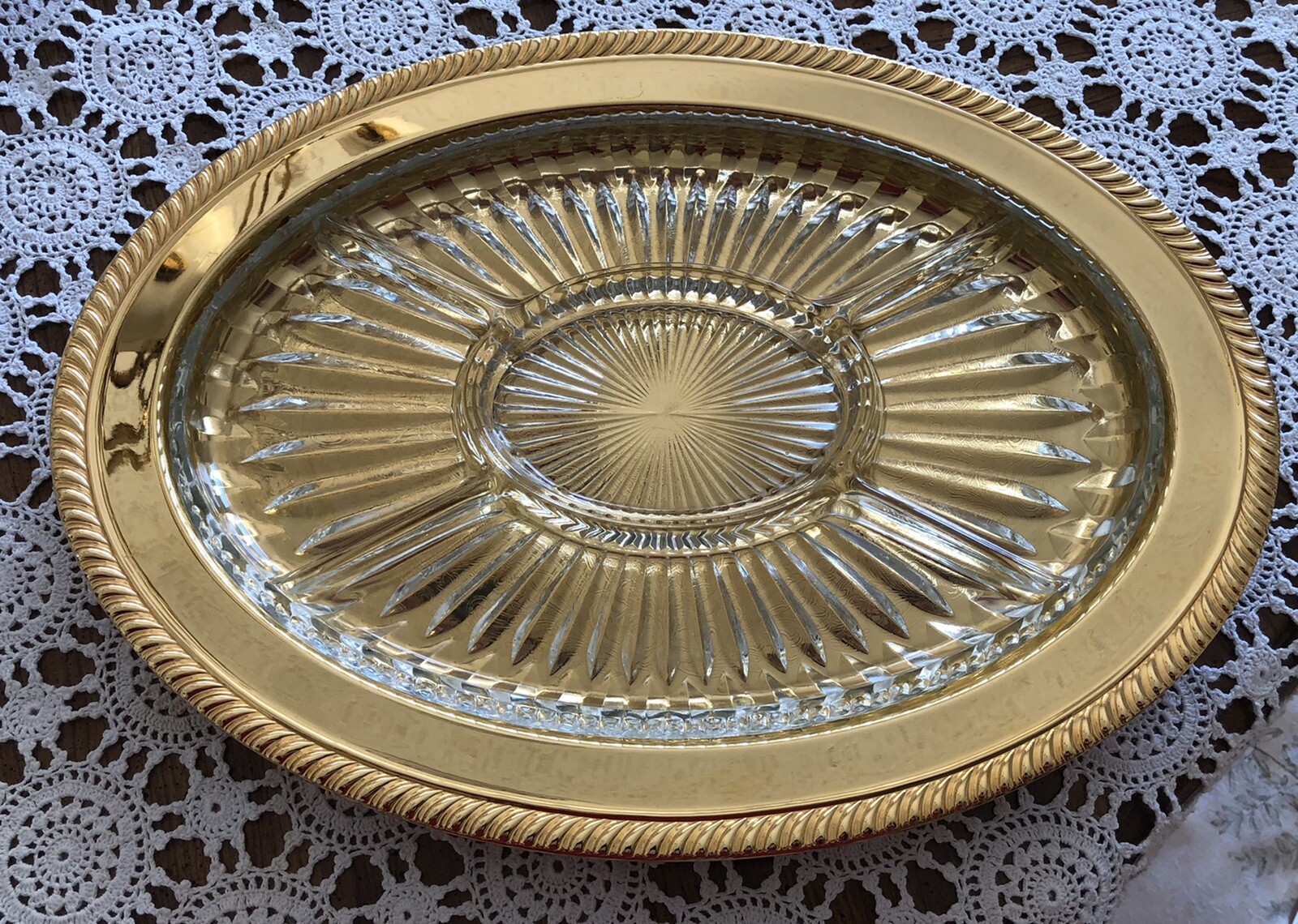 BRASS -RELISH / CONDIMENT SERVING TRAY W/  5 Crystal GLASS INSERTS.