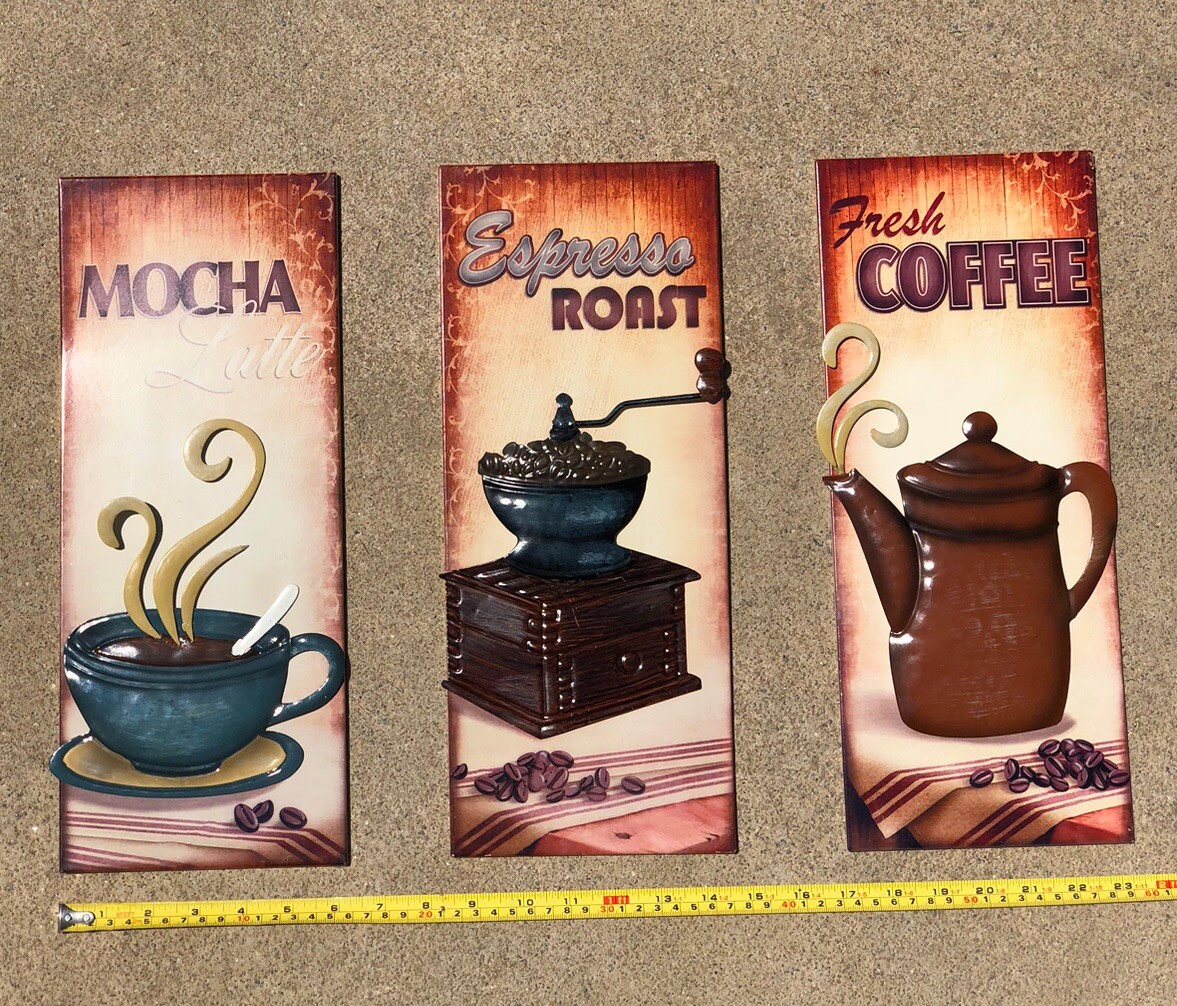 Three Café Tin signs, 3 vintage coffee tin signs, 3 Cafe Advertisement Signs
