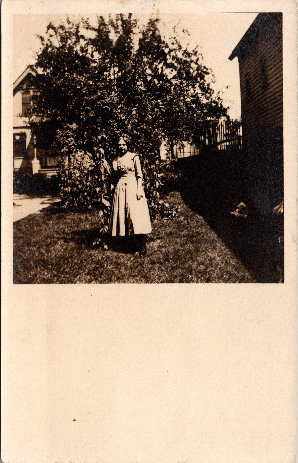 Postcard Real Photo RPPC Woman Standing Next to Tree in Front of House