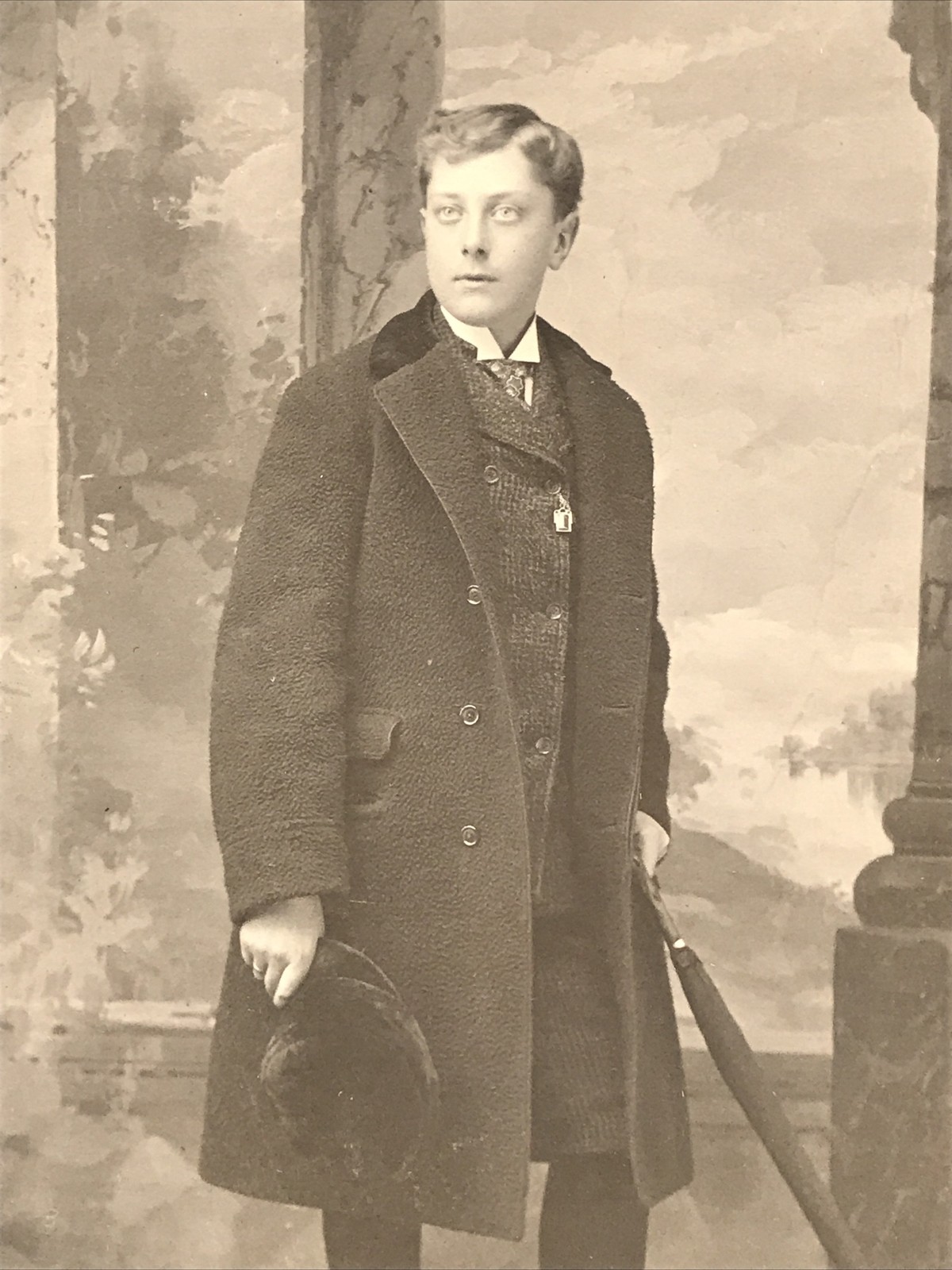 1890s Victorian Handsome Young Boy Overcoat Umbrella Portrait Cabinet Photo