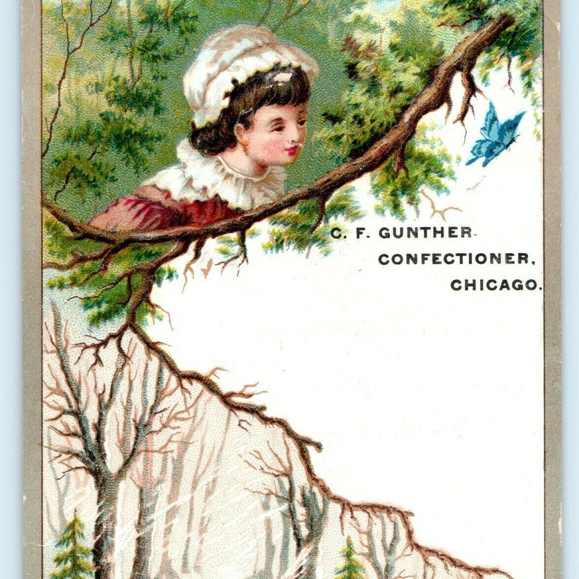 c1880s C. F. Gunther Confectioner Chicago IL Victorian Trade Card Girl Butterfly