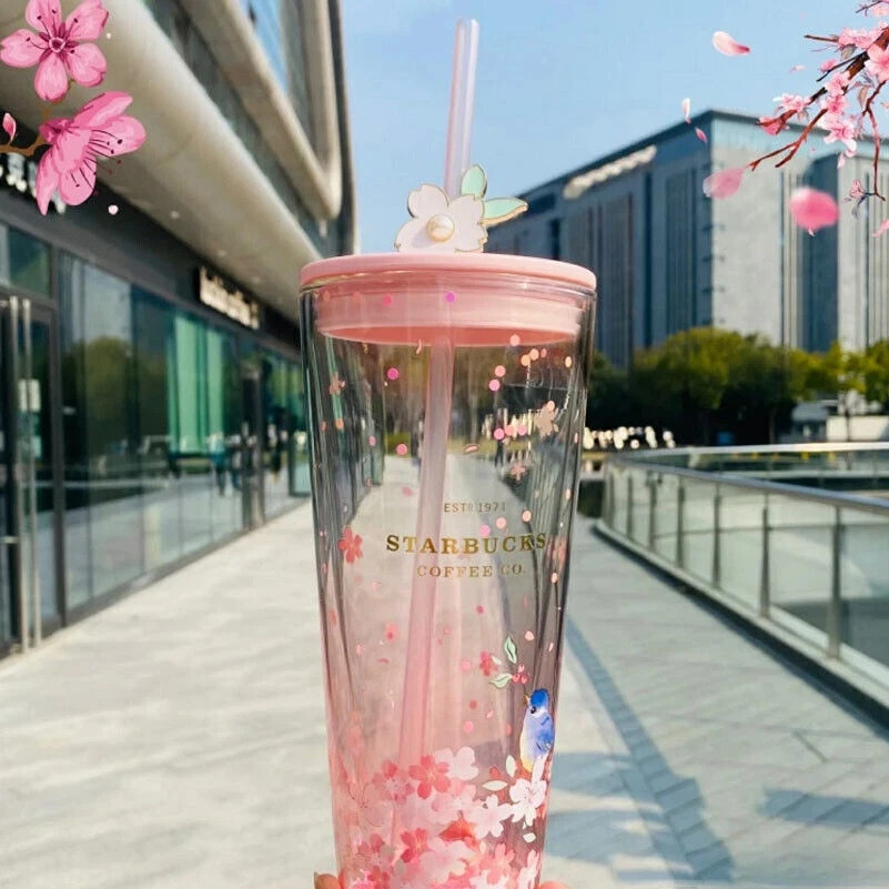 New Starbucks China Cherry Blossom Tumbler Red Sakura Glass Straw Cup 20 OZ