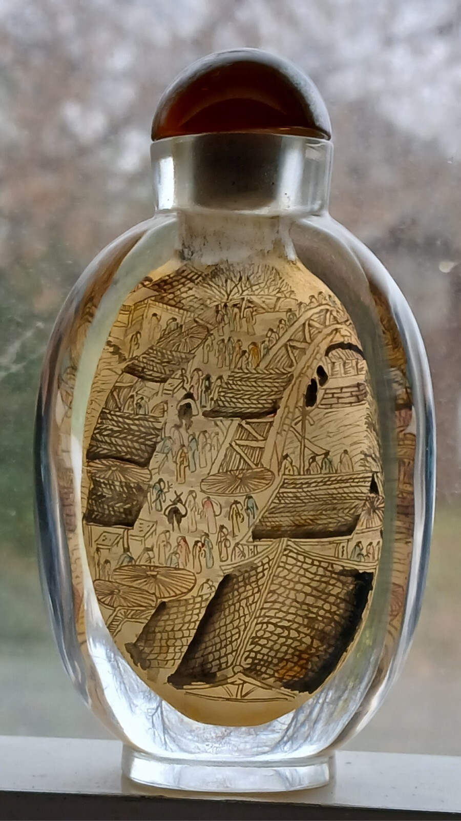 Vintage Reverse Painted Glass Chinese Snuff Bottle w/Village River Scene Vintage Reverse Painted Glass Chinese Snuff Bottle w/Village River Scene