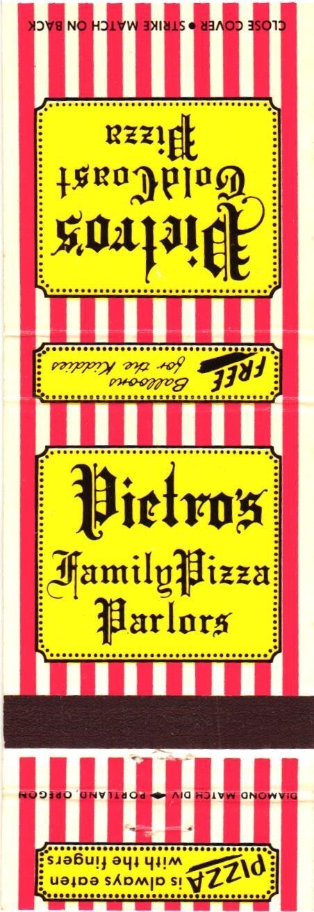 Pietro's Family Pizza Parlors Vintage Matchbook Cover 1950s-60s Pietro's Family Pizza Parlors Vintage Matchbook Cover 1950s-60s