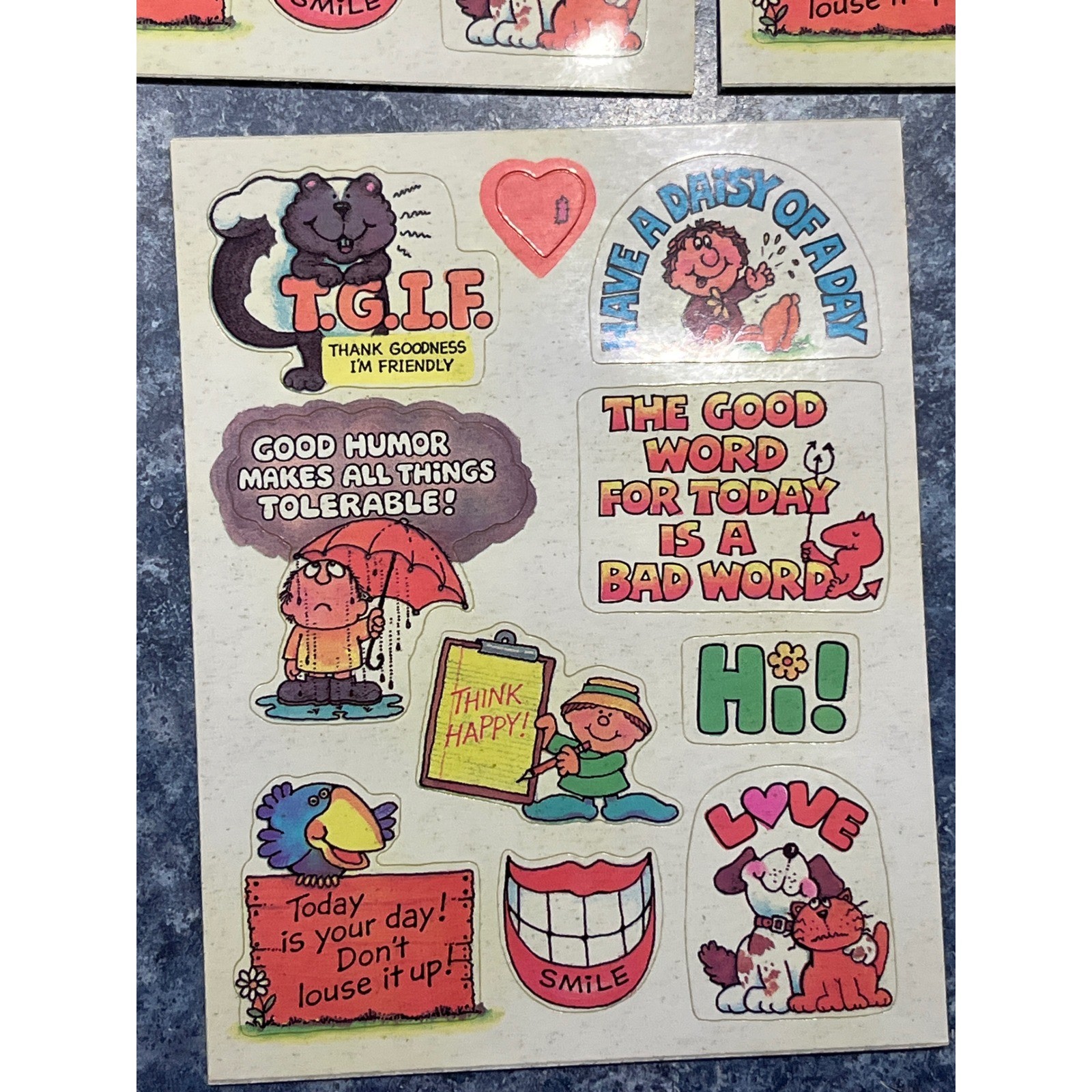 Vintage 70s 80s Sticker Sheets Lot Retro Humorous Characters TGIF Smile Love Hi