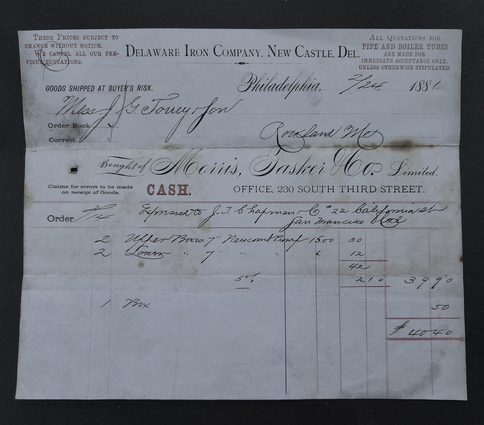1881 antique DELAWARE IRON COMPANY new castle MORRIS TASKER Co LTD billhead