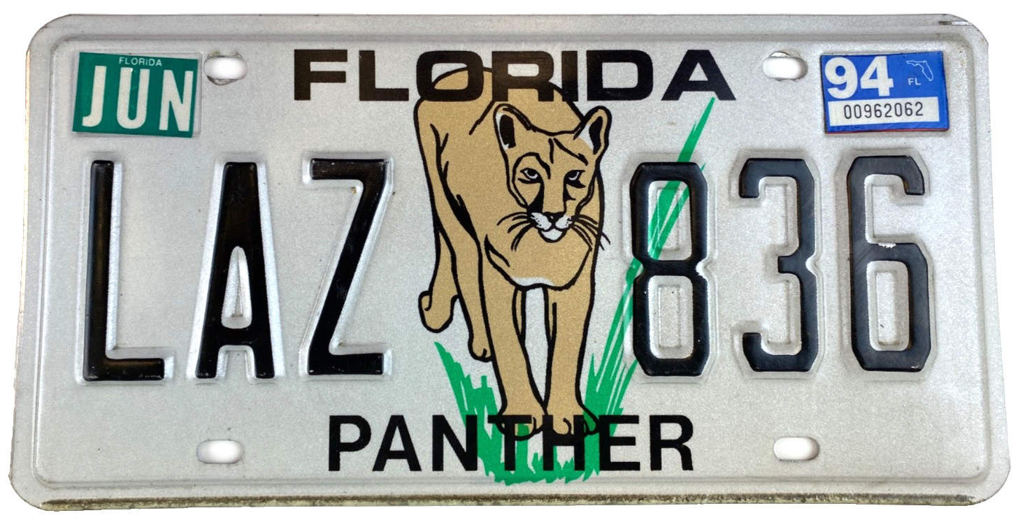 Vintage Florida 1994 Auto License Plate LAZ 836 Panther Garage Pub Wall Decor
