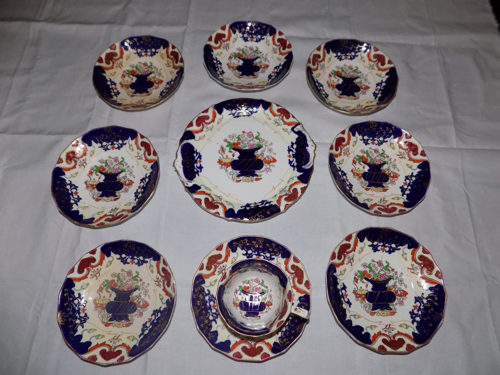 Antique Gaudy Dutch Welsh 10 Piece Matching Cup Saucers And Plate