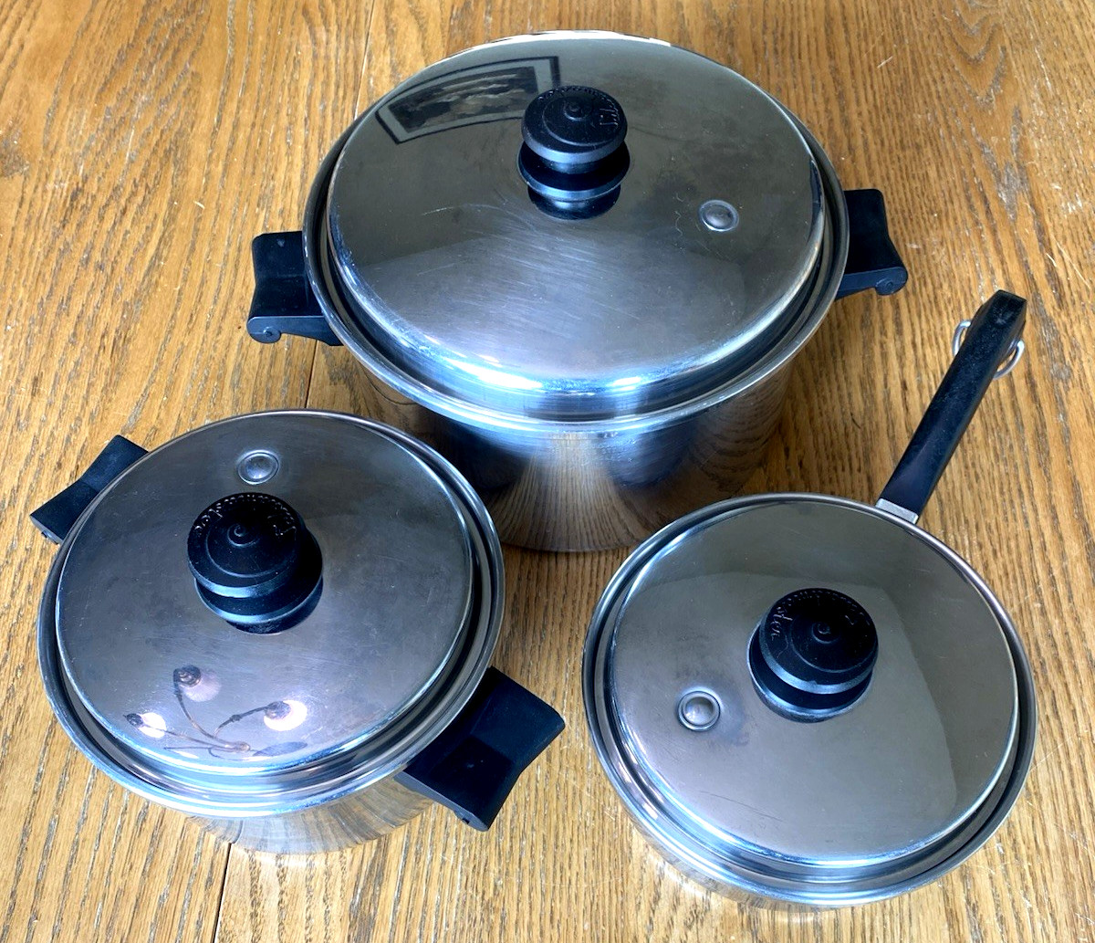 VTG Salad Master 18-8 Stainless Steel Tri-Clad Lot/6 Pc.  Vapo Lids 7, 3 & 2 qt