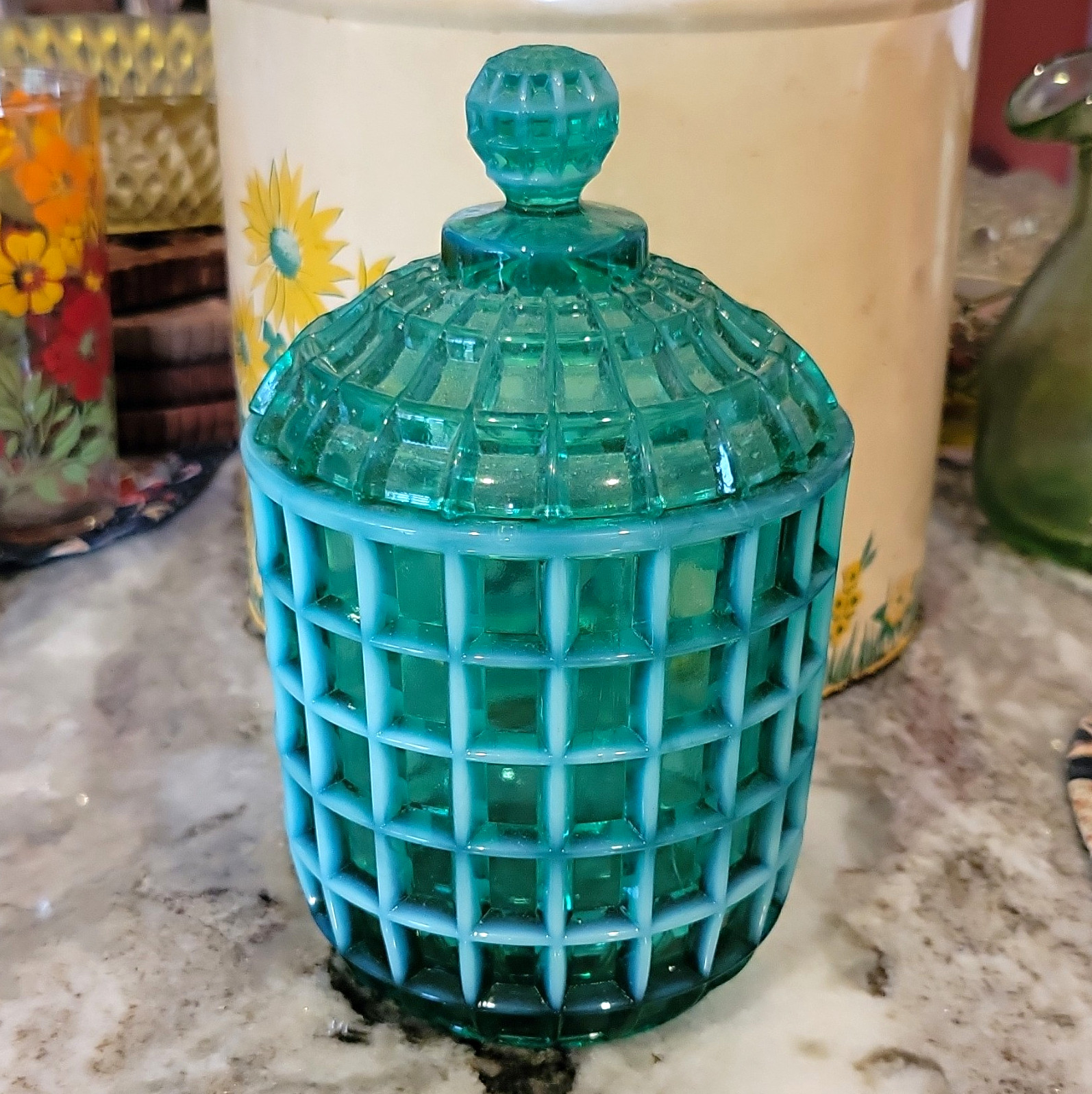 Fenton Rare Art Glass Uranium Green Opaline Vintage Waffle Pattern Lidded Jar Fenton Rare Art Glass Uranium Green Opaline Vintage Waffle Pattern Lidded Jar