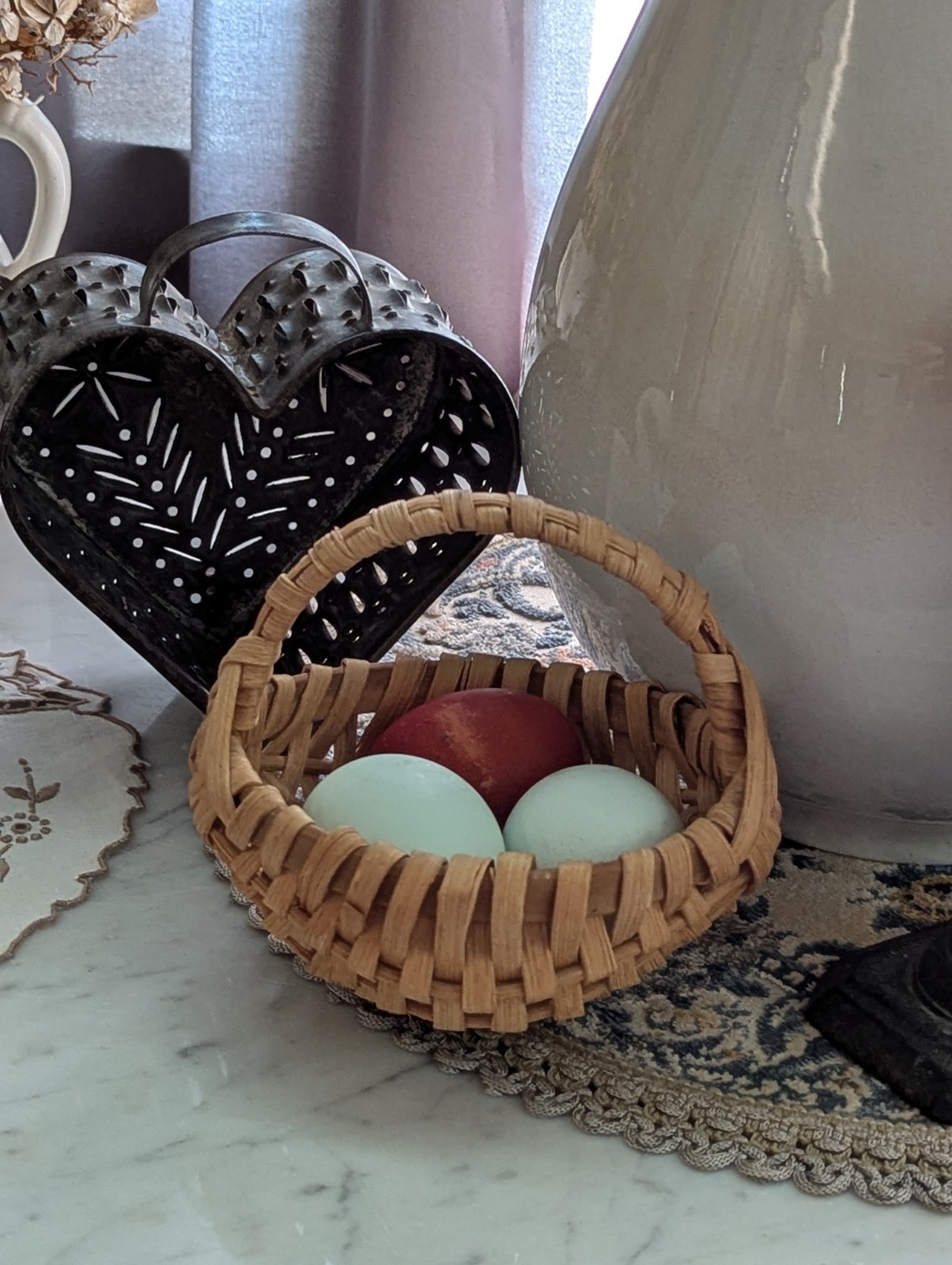 Vintage Miniature Amish Hand Made Melon / Buttocks Basket with God's Eye Ends