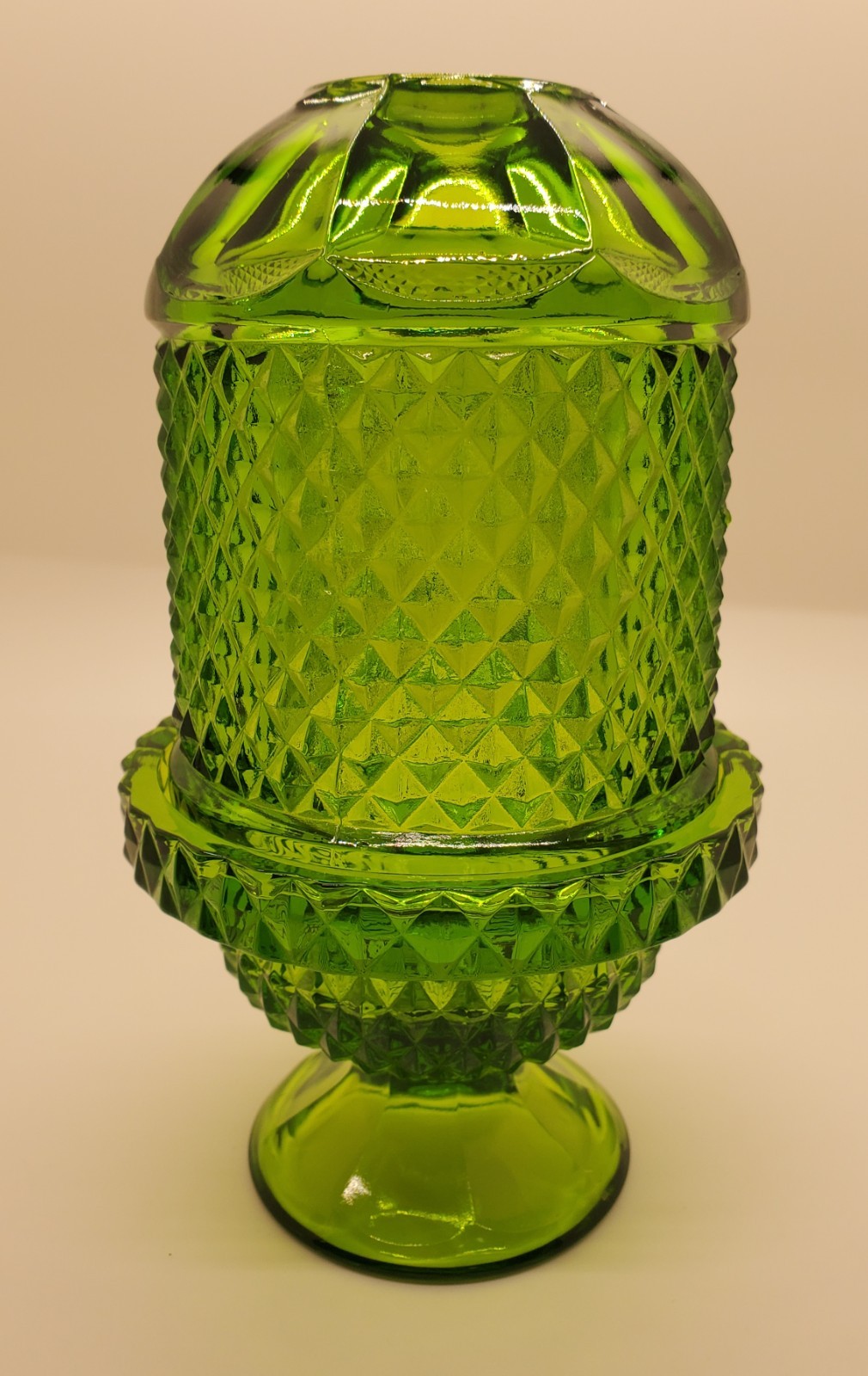 Vintage mcm Viking glass avocado green diamond point fairy lamp candle holder