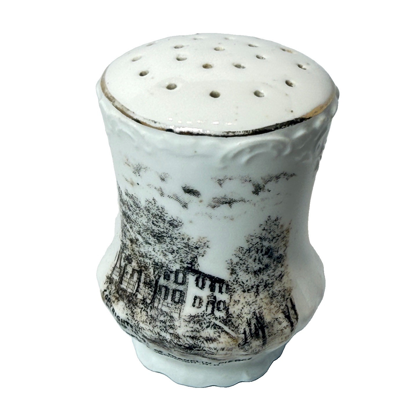 HILLSBOROUGH NH NEW HAMPSHIRE ANTIQUE Souvenir Porcelain TRINKET SHAKER