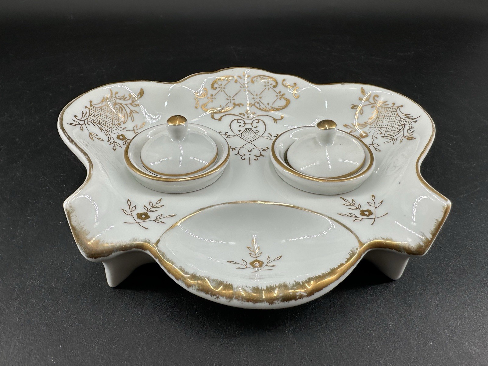 Vintage Candrea Japan Porcelain Double Lidded Inkwell Gold Trim Hand Painted