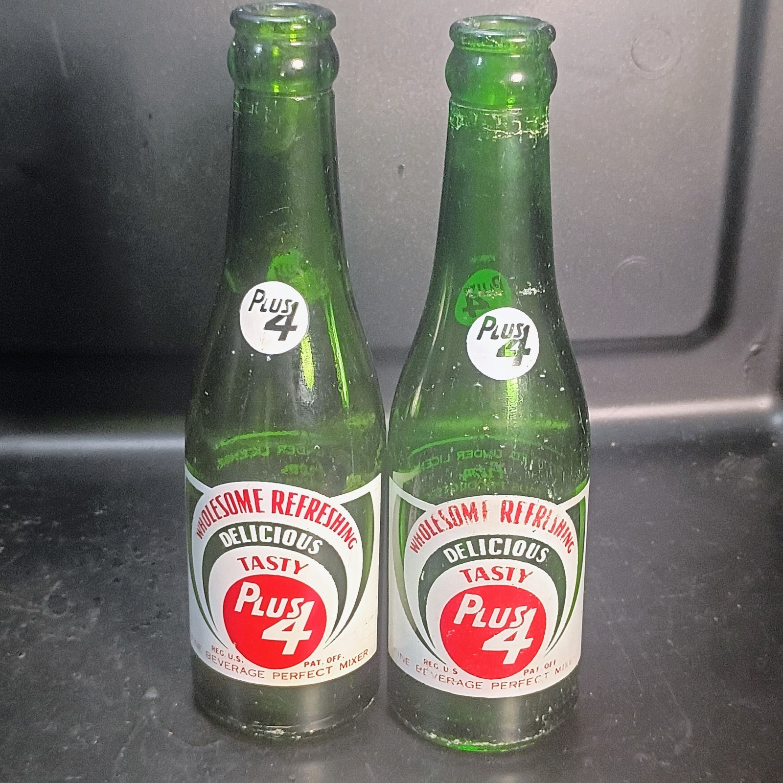 2 Vintage 1960s Wholesome Refreshing Delicious Tasty Plus 4 Green Soda Bottles
