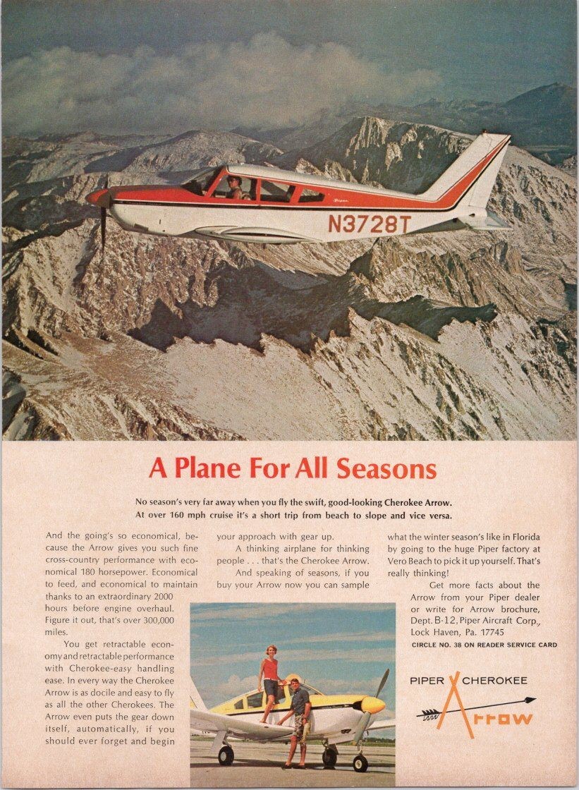 Piper Cherokee Arrow 1968 Vintage Print Ad Plane For All Seasons Piper Cherokee Arrow 1968 Vintage Print Ad Plane For All Seasons