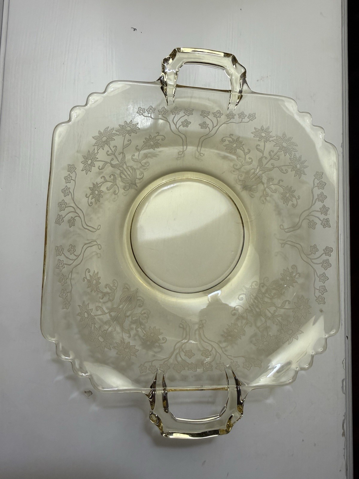 Vintage Etched Glass Sandwich Tray Floral 2 Handles Scalloped Serving Dish