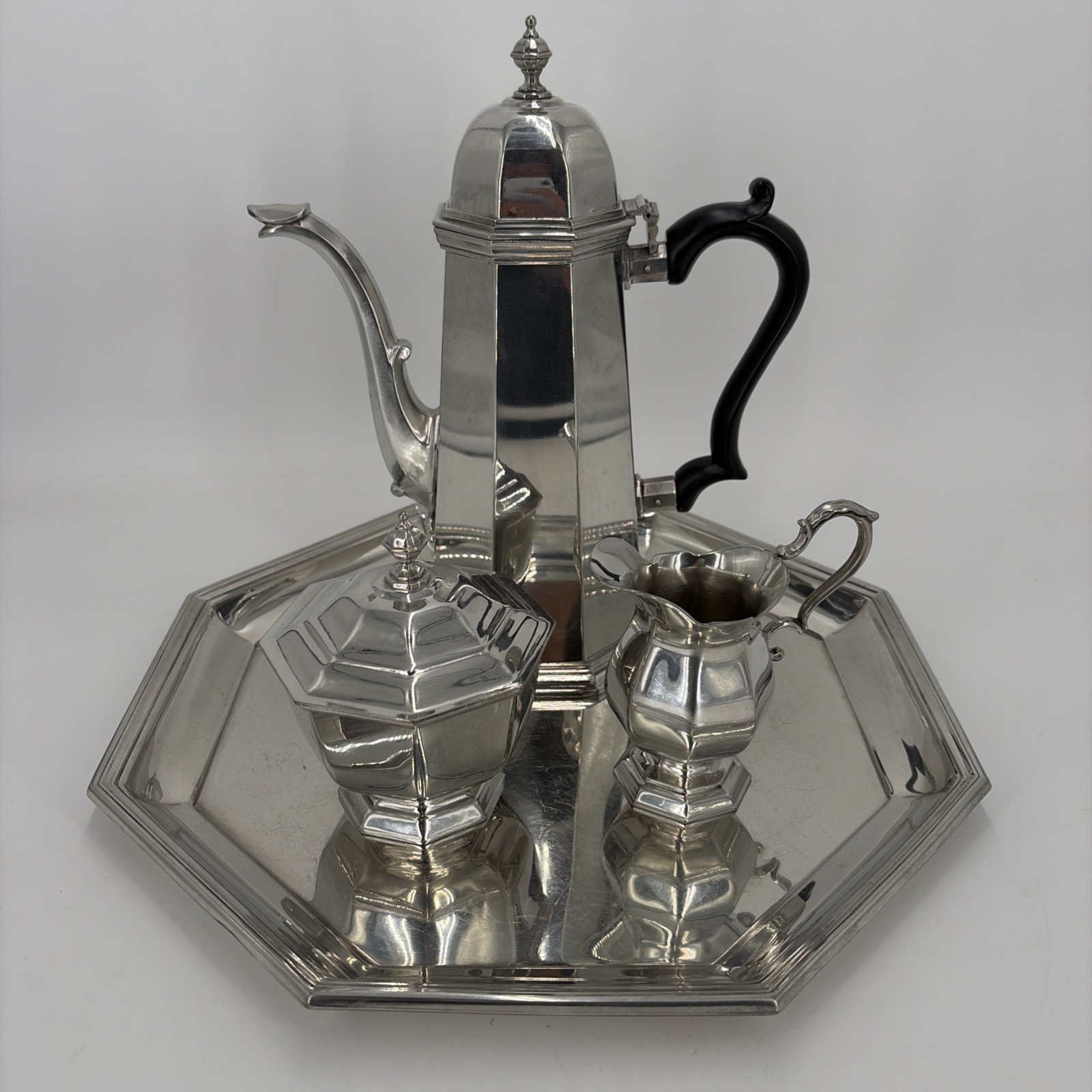 PV09530 Vintage Kirk Stieff Pewter WILLIAMSBURG Coffee Set with Tray - 4 pcs